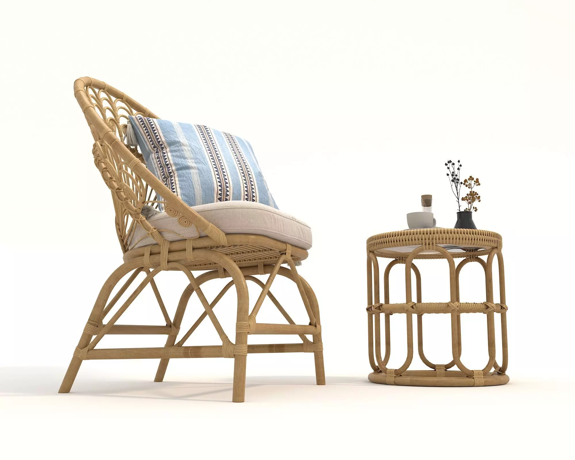 Rattan Coffee Table and Chair Set 5 3D model_2