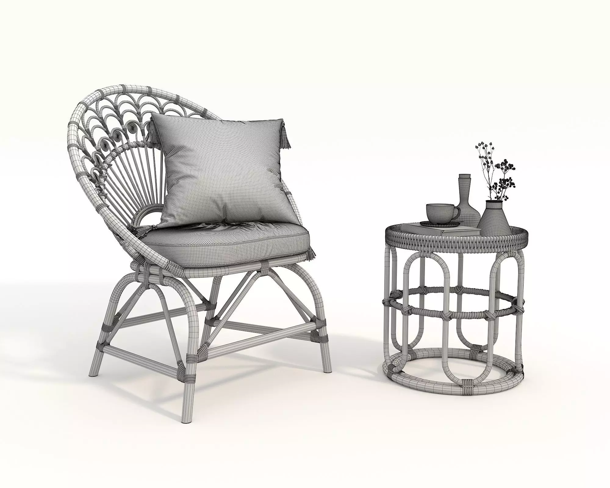Rattan Coffee Table and Chair Set 5 3D model_8