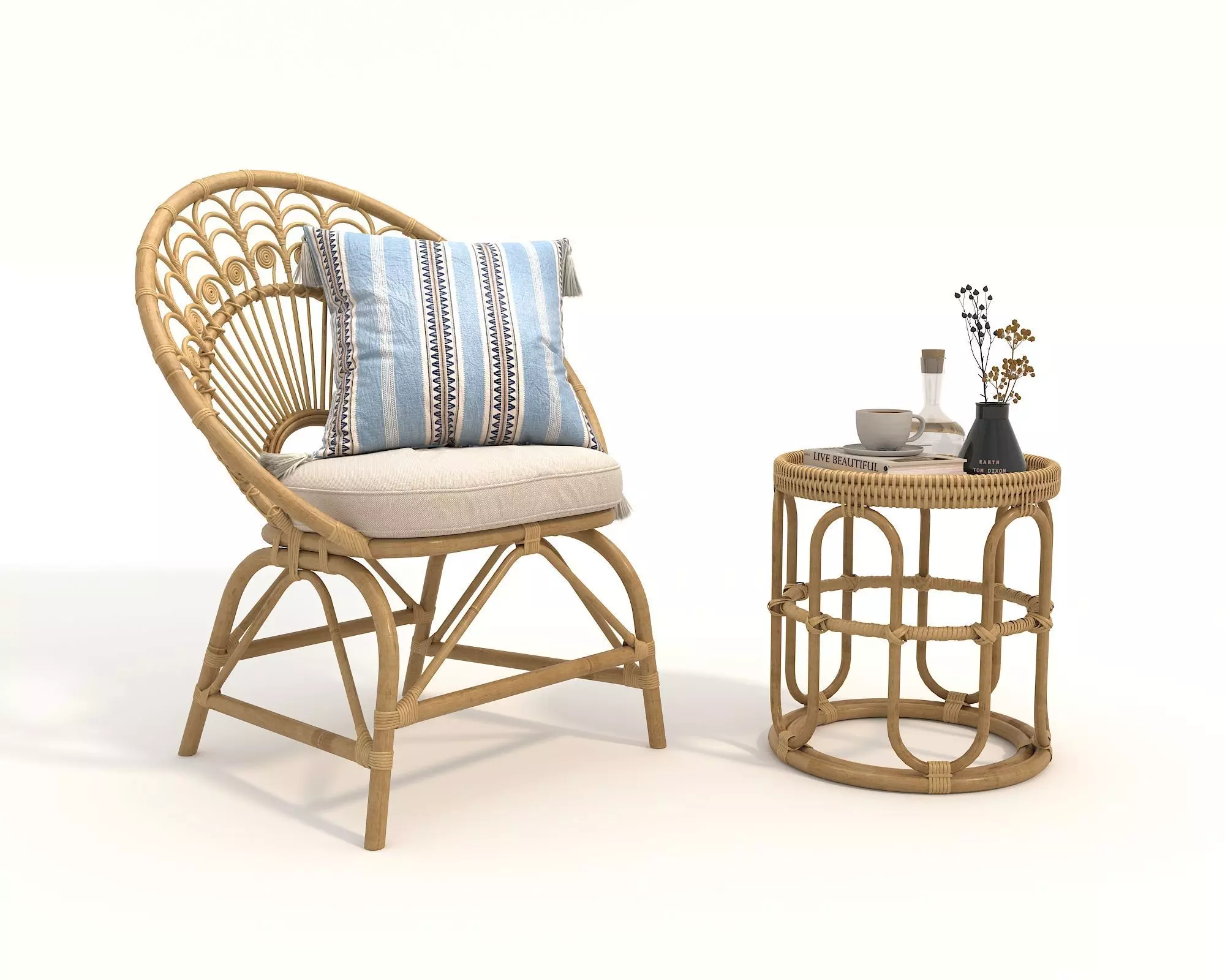 Rattan Coffee Table and Chair Set 5 3D model_0