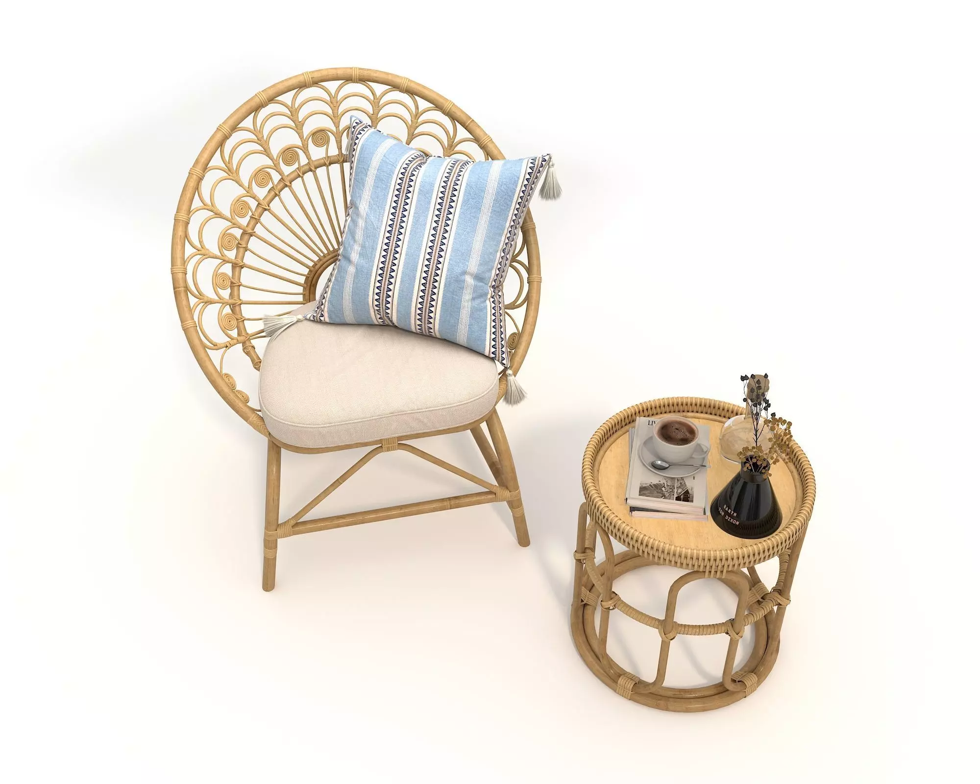 Rattan Coffee Table and Chair Set 5 3D model_1