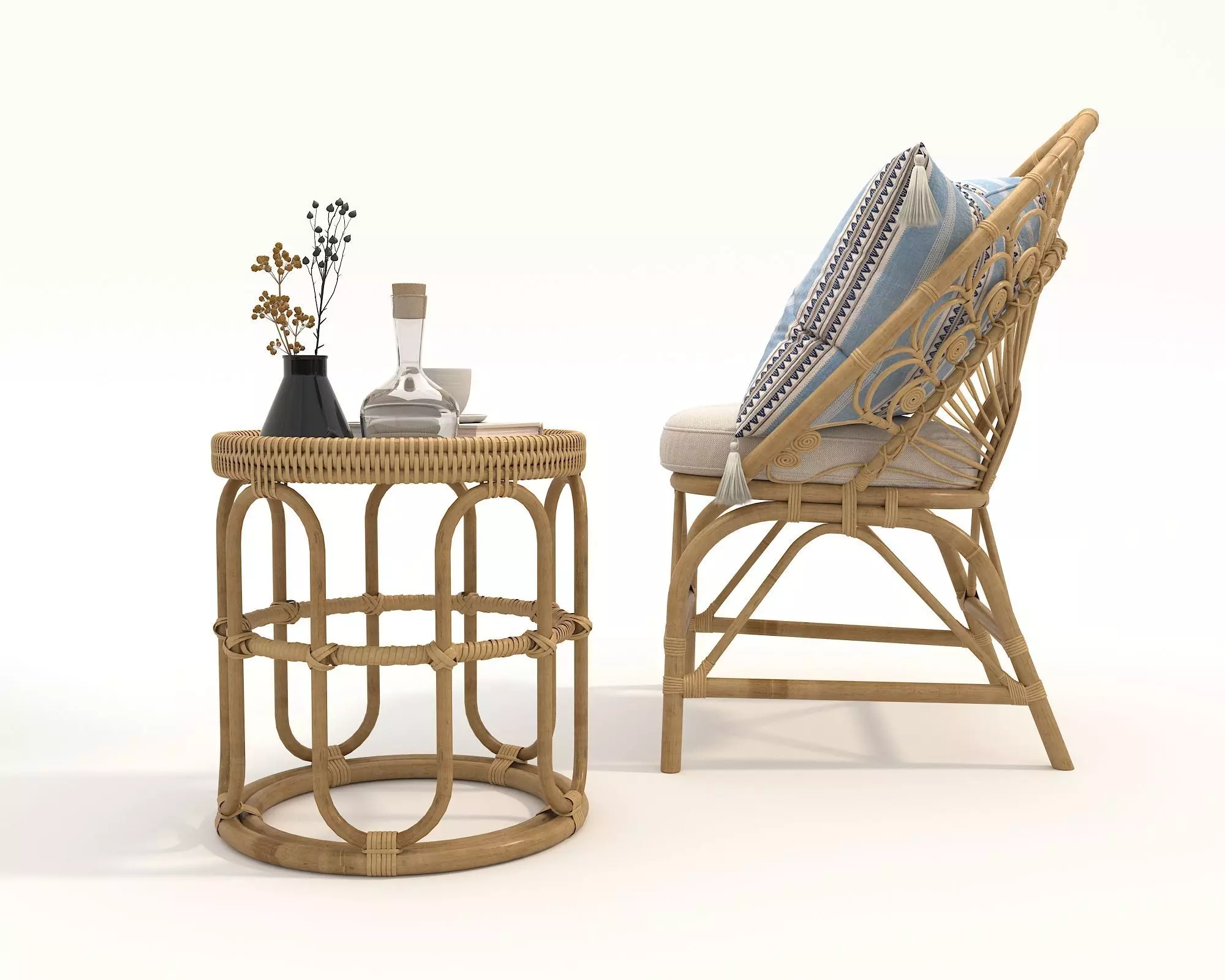 Rattan Coffee Table and Chair Set 5 3D model_7