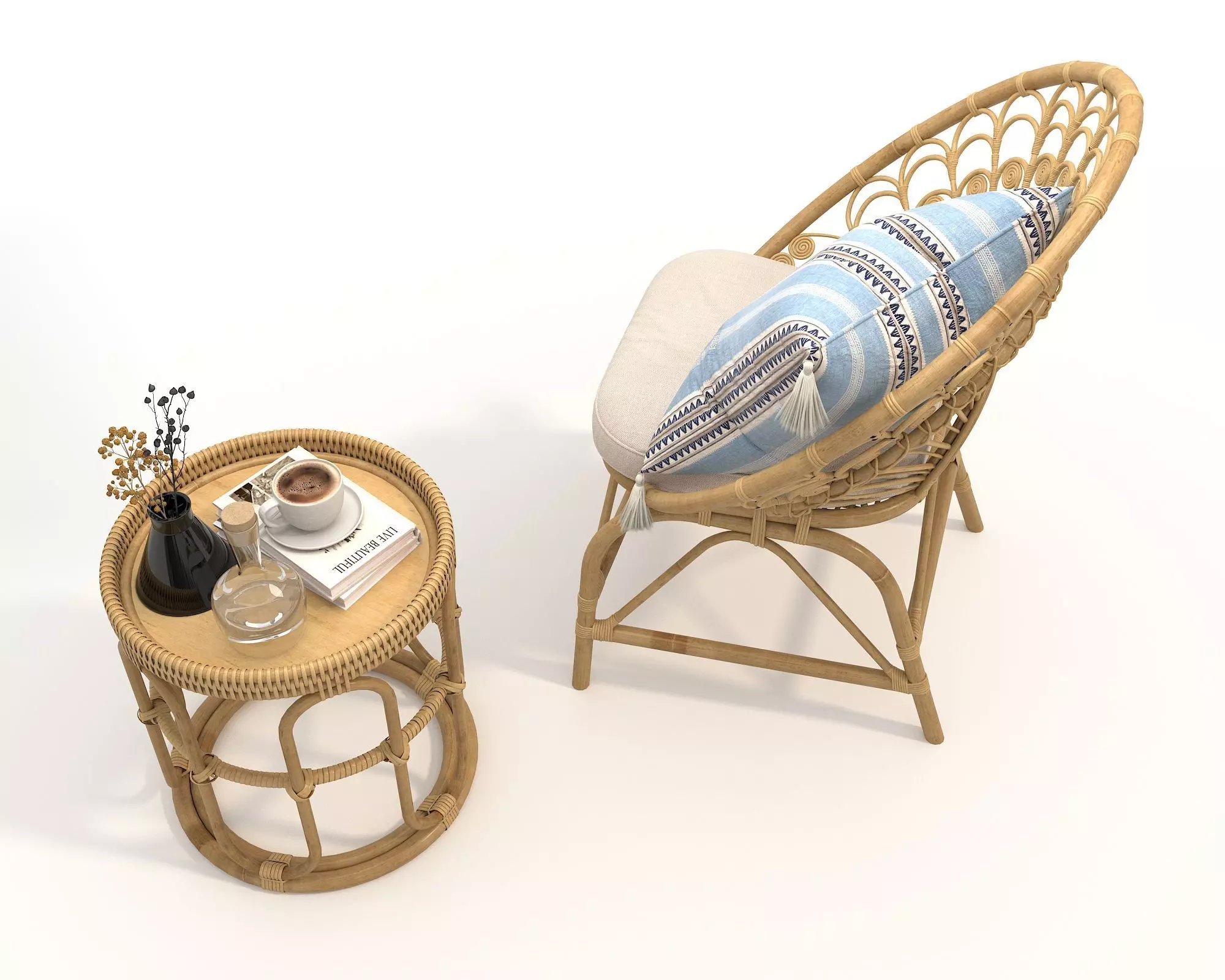Rattan Coffee Table and Chair Set 5 3D model_6