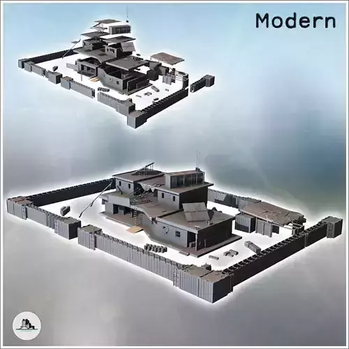 Damaged headquarters with metal container enclosure and solar pa