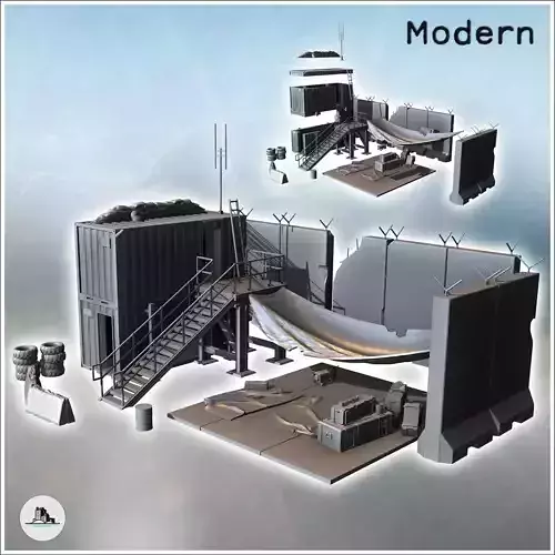 Vehicle repair center with container workshops and concrete wall