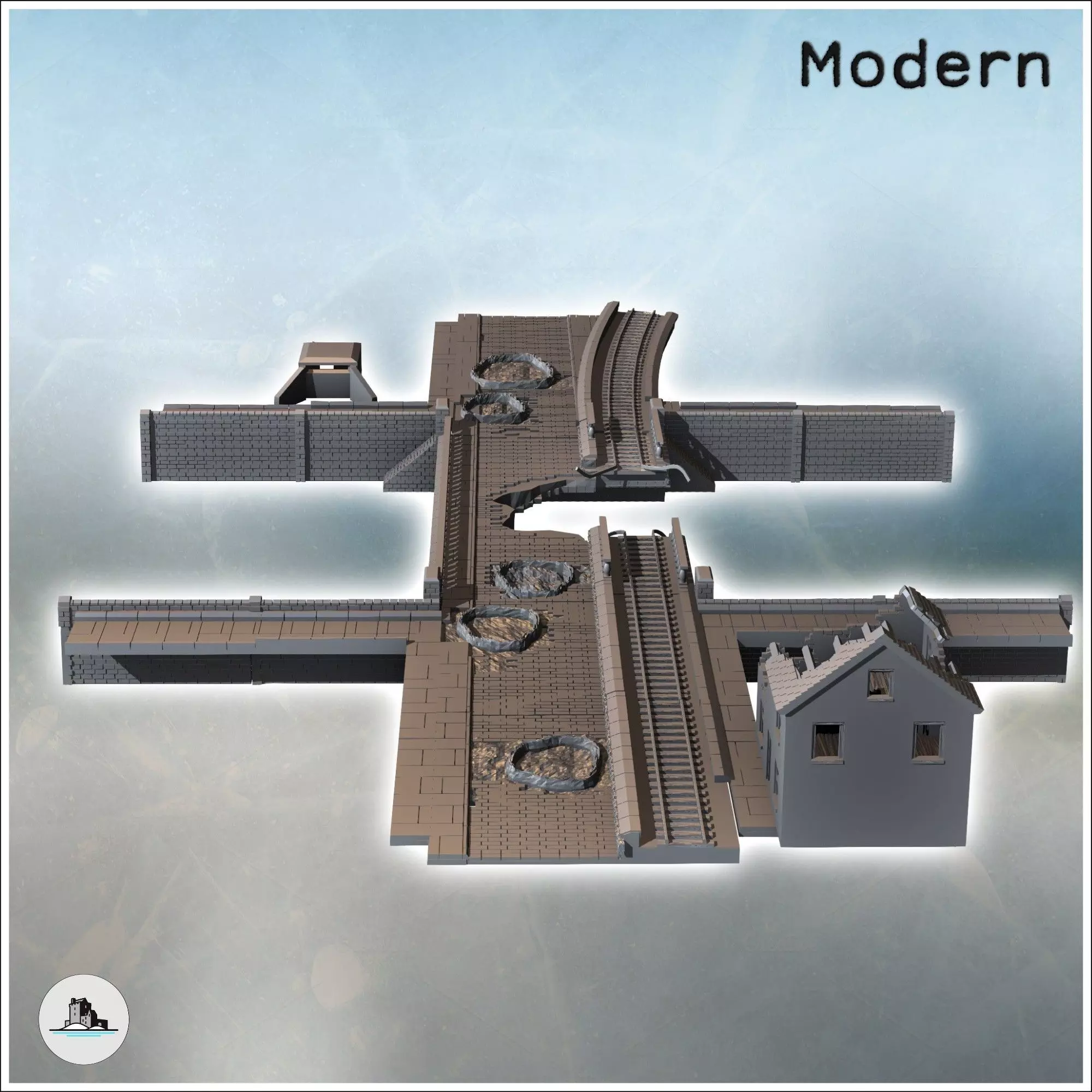 Set of damaged bridges with a dock and a two-story ruined house 3D print model_4