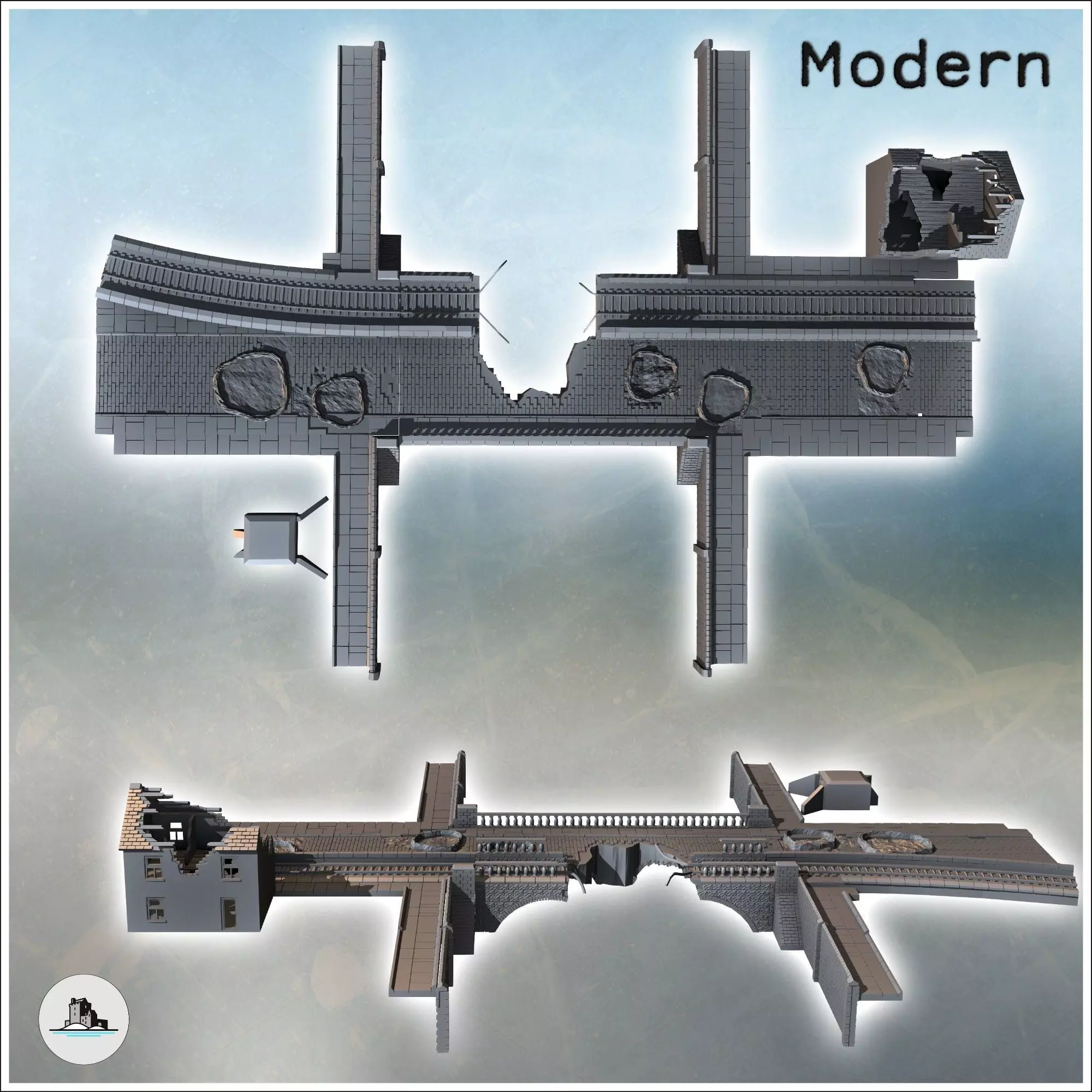 Set of damaged bridges with a dock and a two-story ruined house 3D print model_3