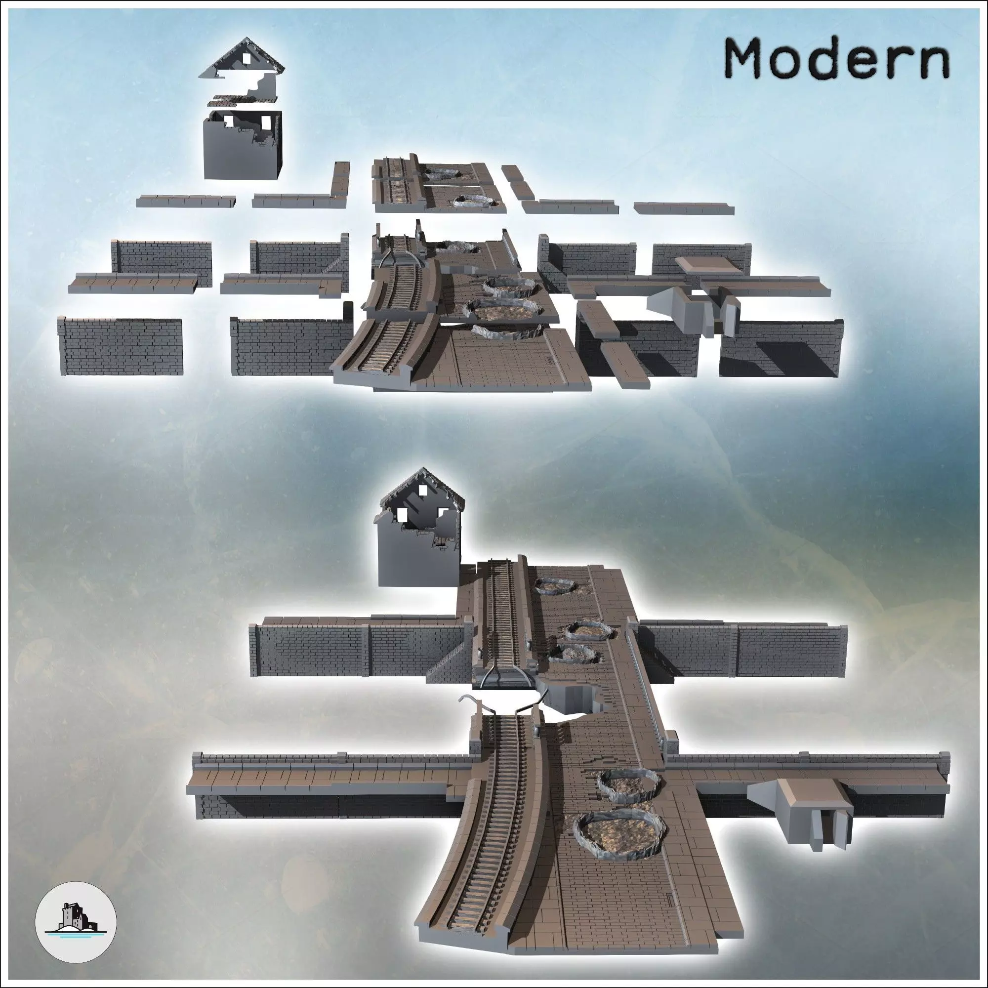 Set of damaged bridges with a dock and a two-story ruined house 3D print model_2