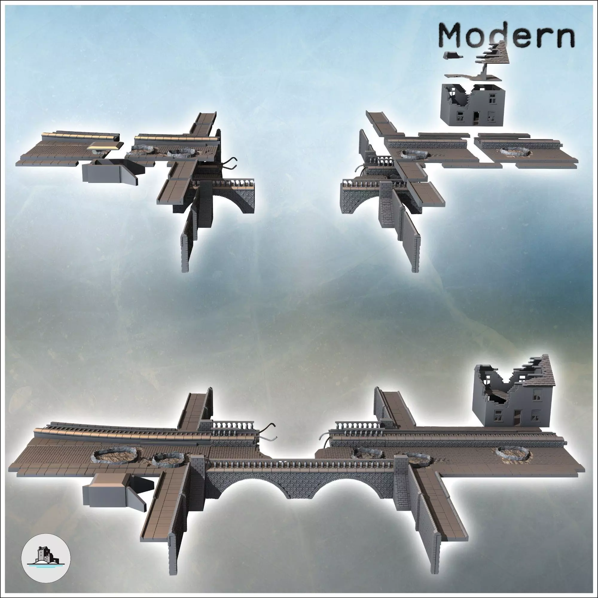 Set of damaged bridges with a dock and a two-story ruined house 3D print model_1