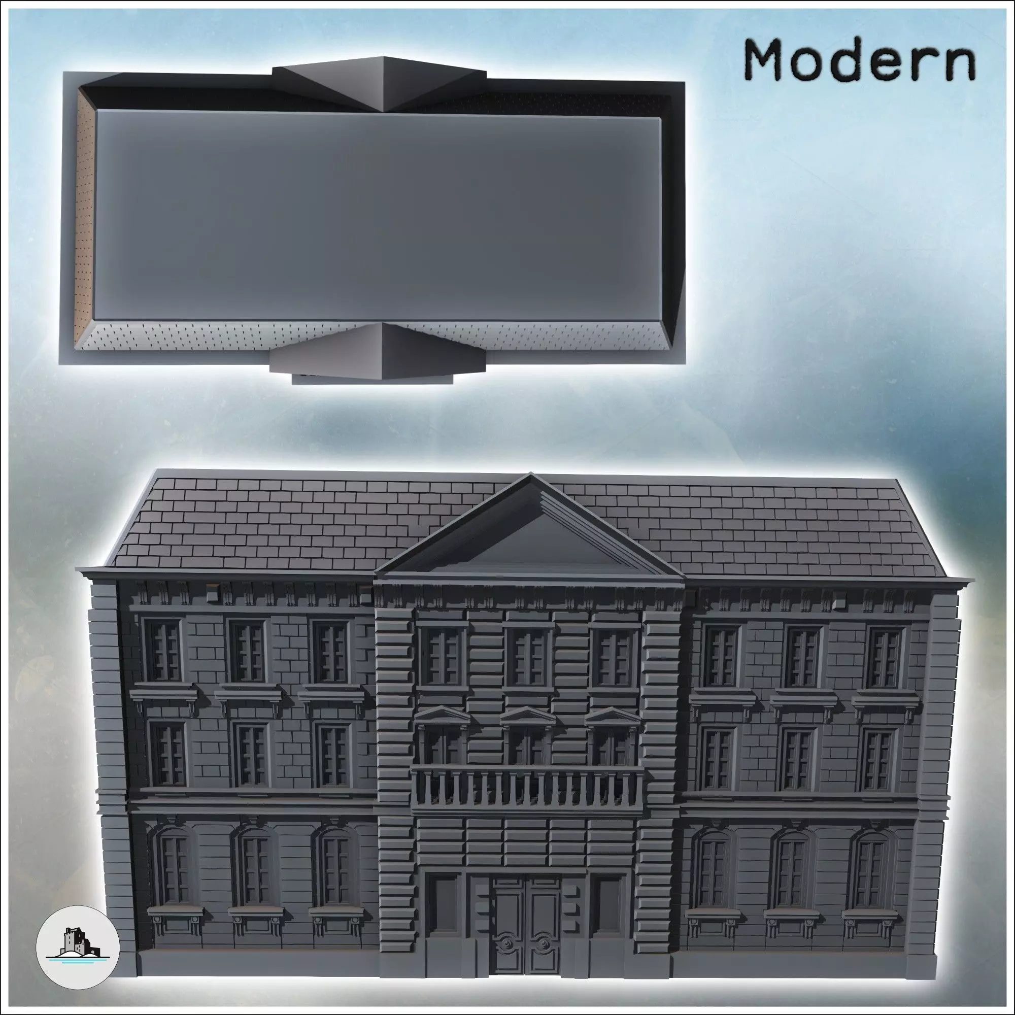 Grand neo-classical bank building with a sign central balcony an 3D print model_3