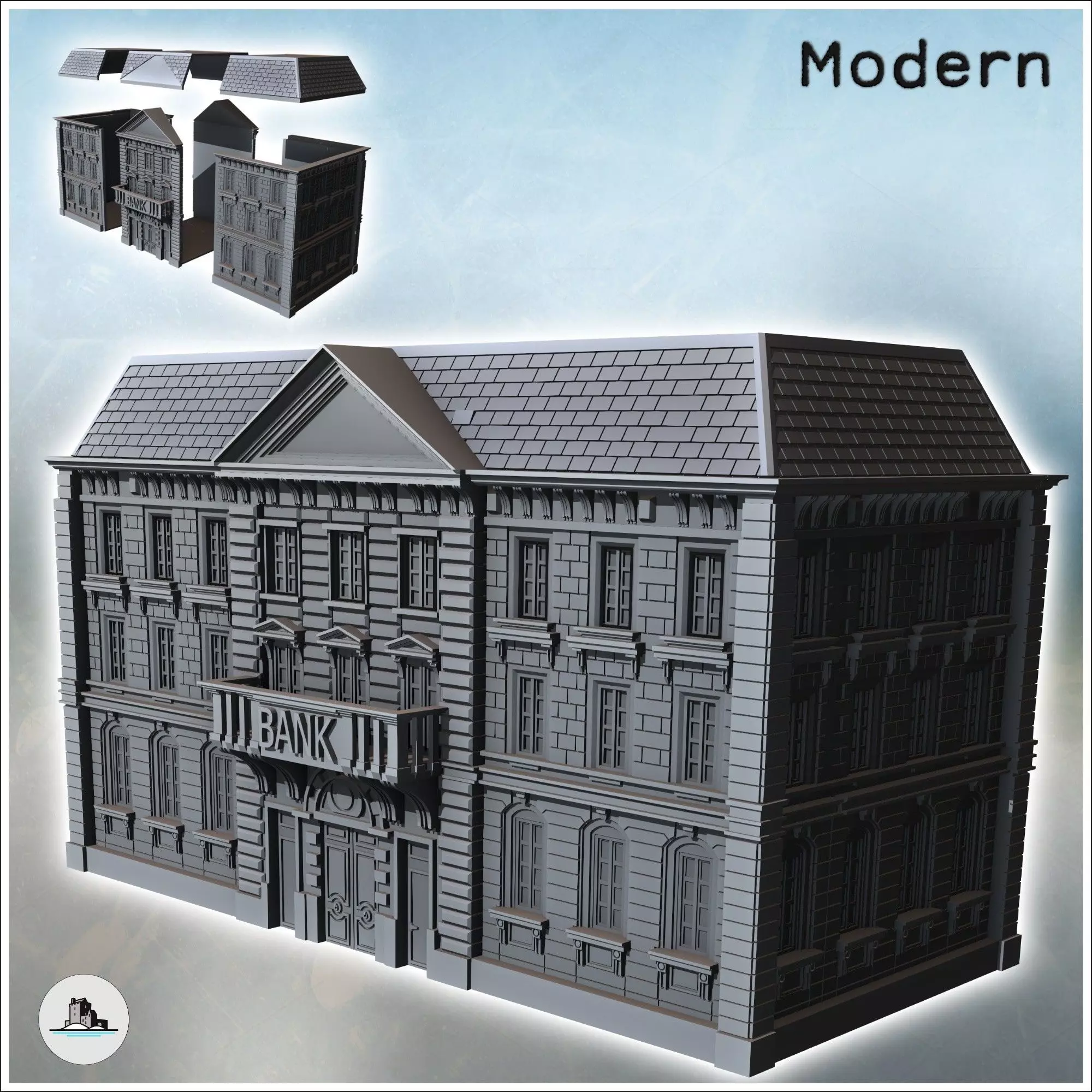 Grand neo-classical bank building with a sign central balcony an 3D print model_0