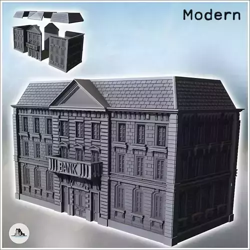 Grand neo-classical bank building with a sign central balcony an