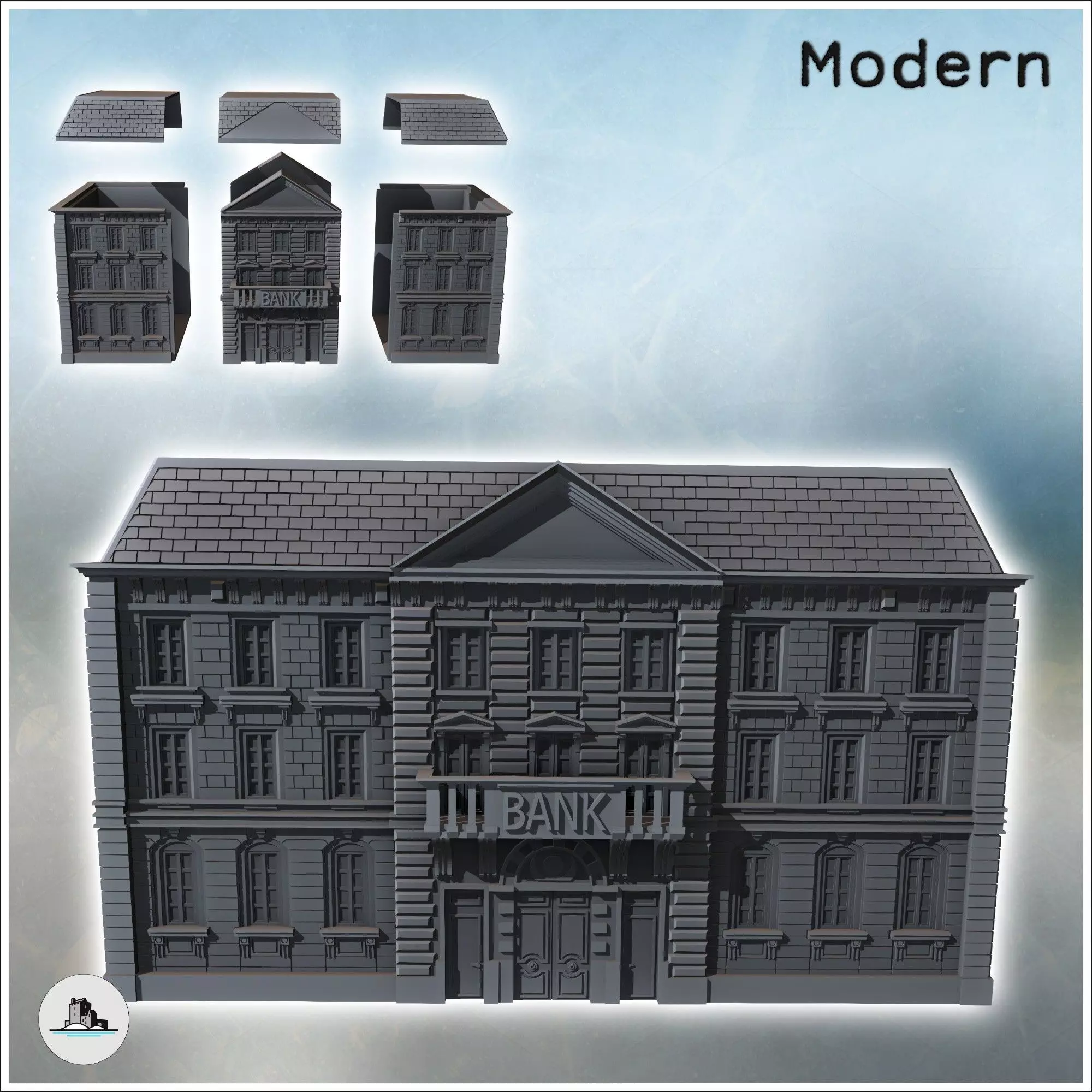 Grand neo-classical bank building with a sign central balcony an 3D print model_1