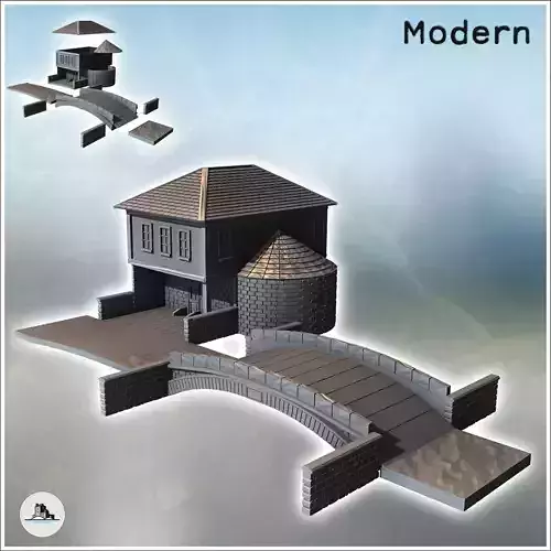 Set of rounded bridge and modern house with a four-sloped roof a