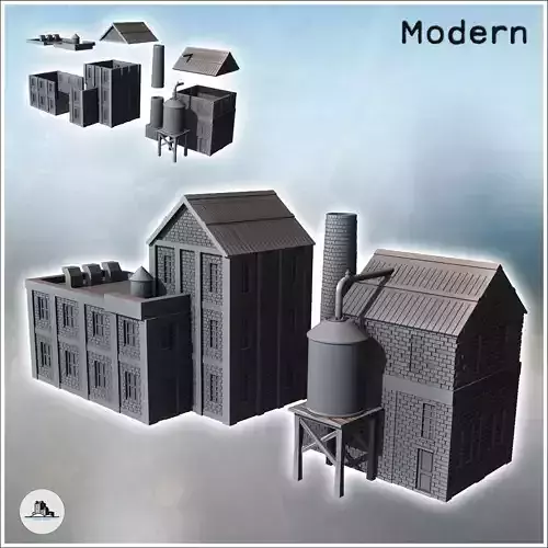 Set of two brick industrial buildings with adjacent tanks and ev