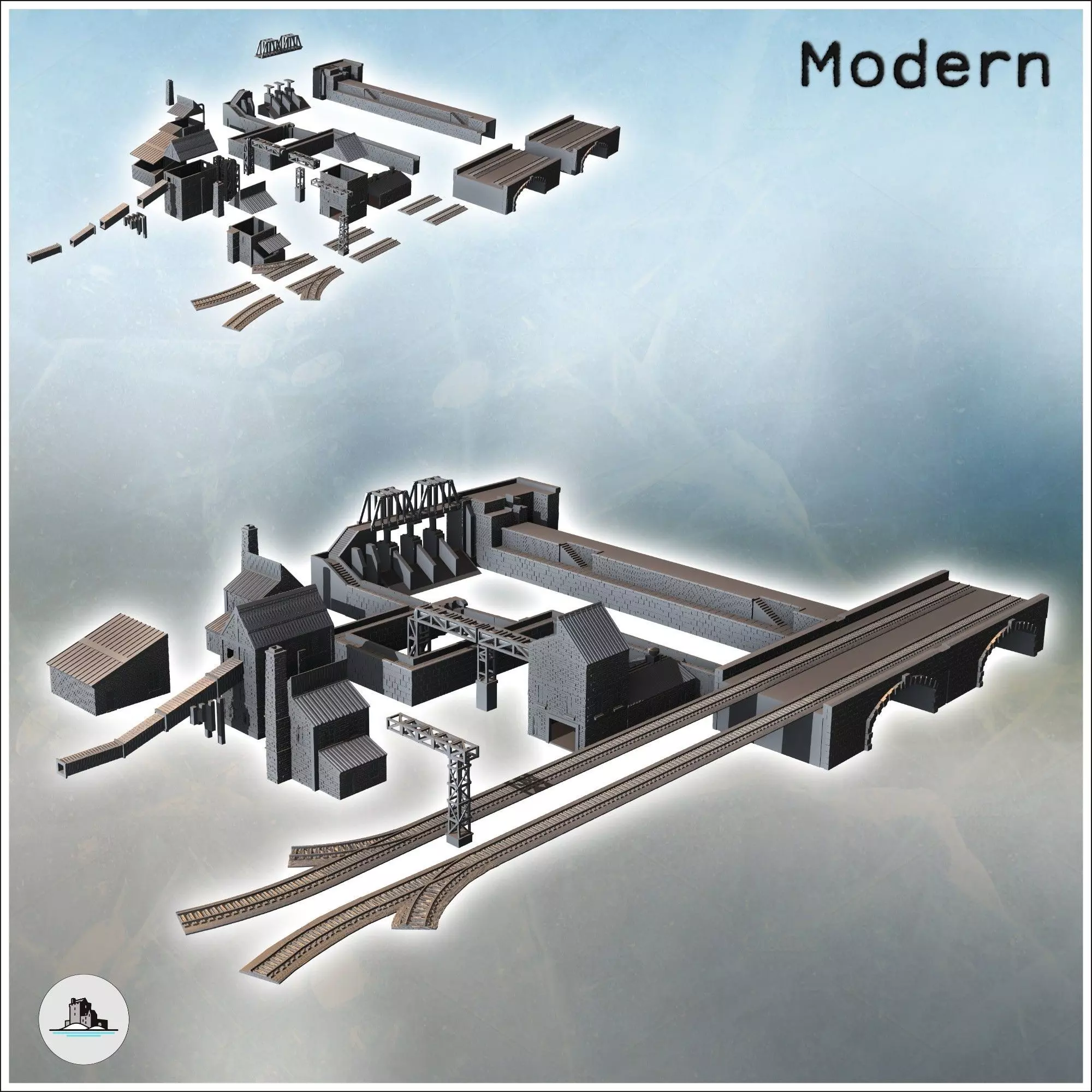 Large set of industrial complex with canals dam railway tracks a 3D print model_0