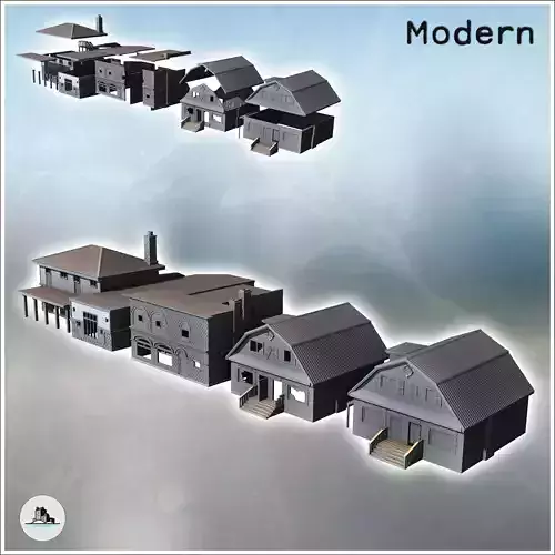 Set of four modern houses with a chimney brick walls and entranc