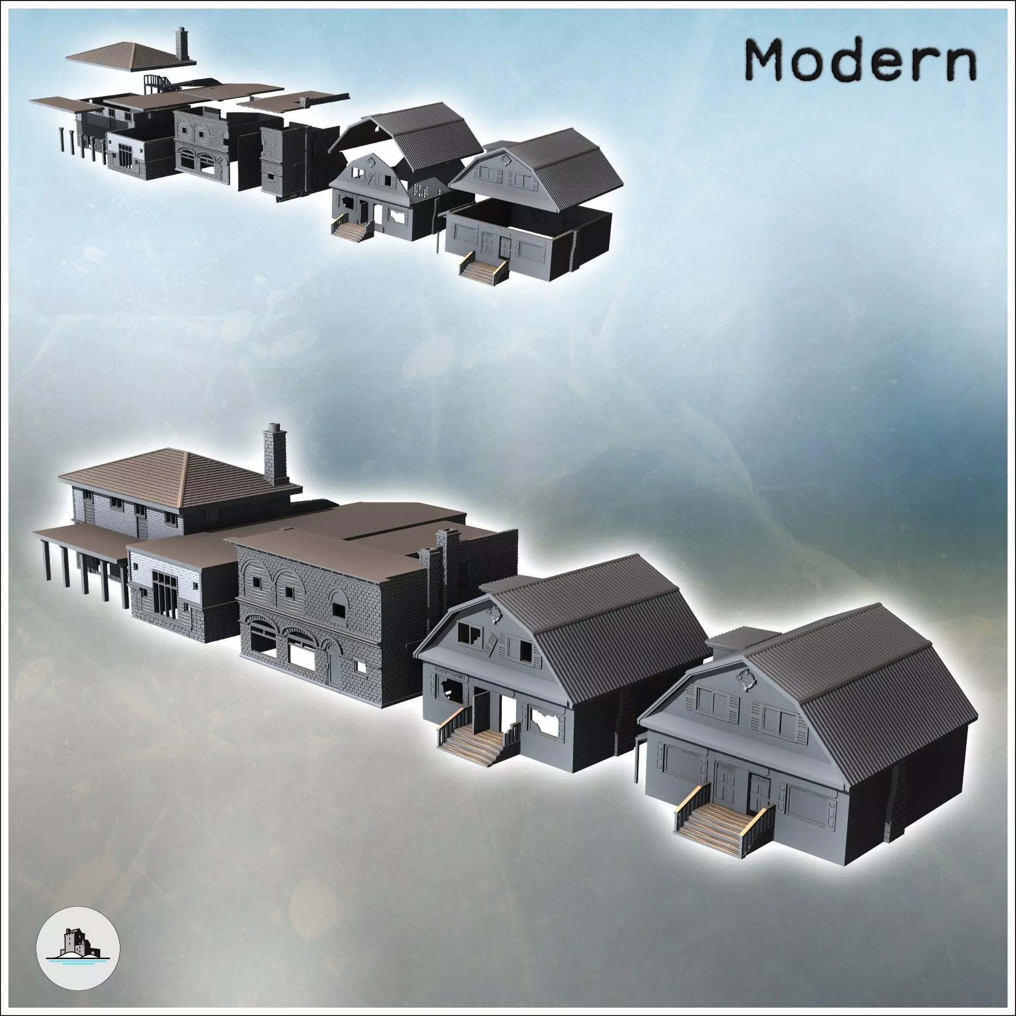 Set of four modern houses with a chimney brick walls and entranc 3D print model_0