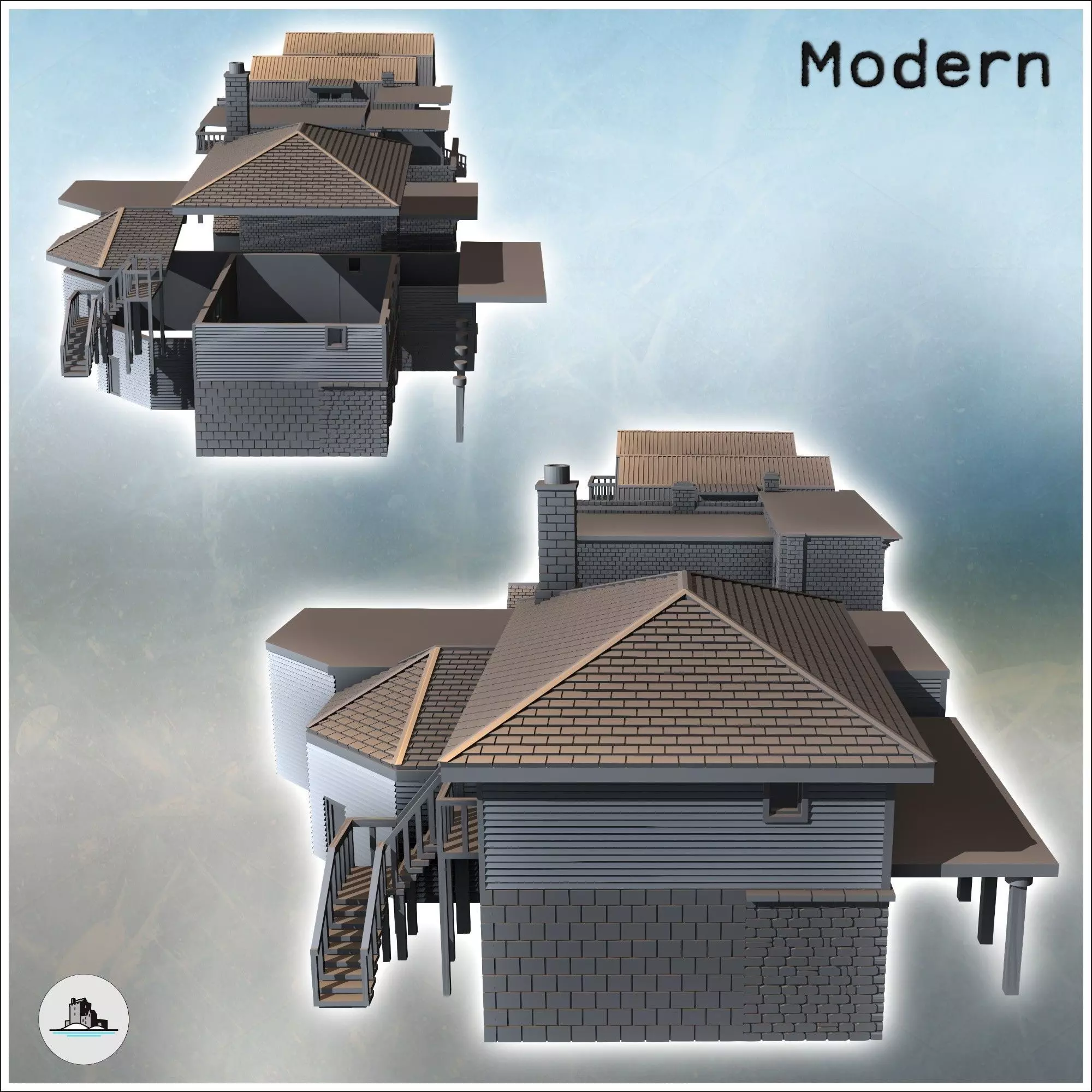 Set of four modern houses with a chimney brick walls and entranc 3D print model_2