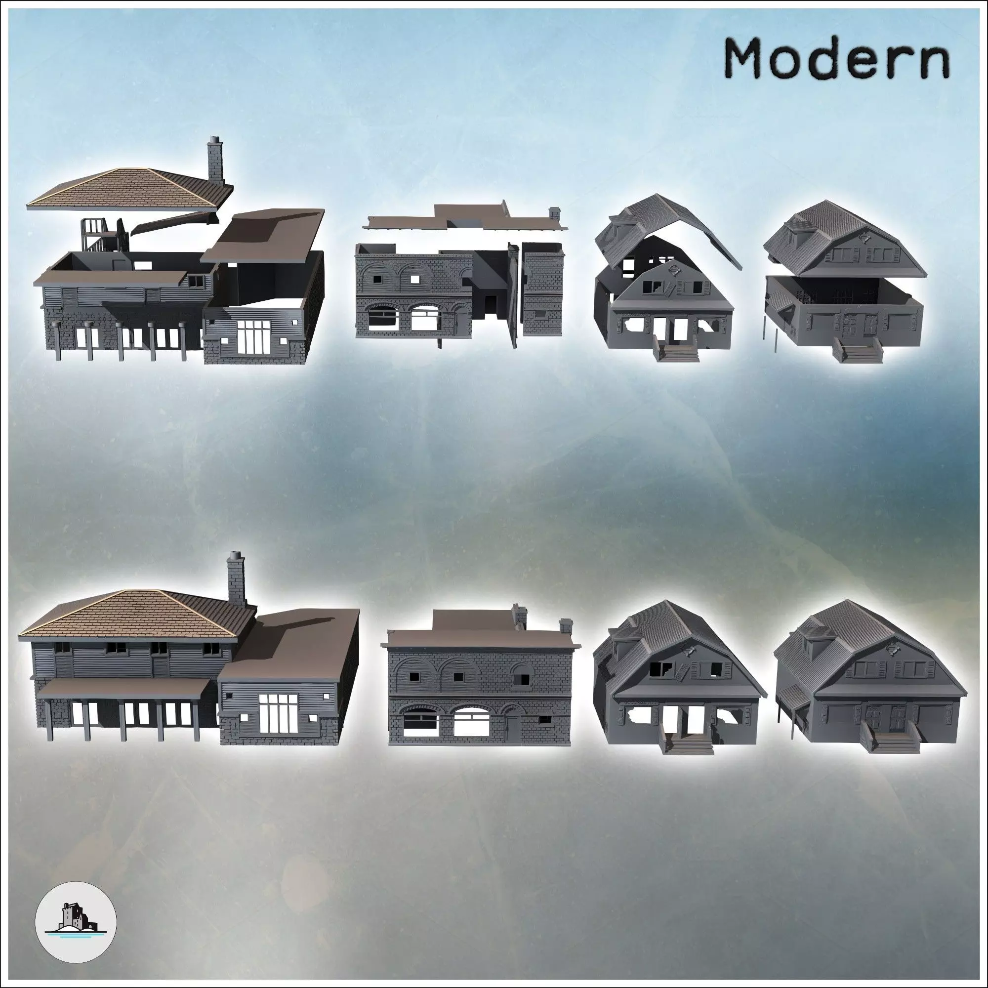 Set of four modern houses with a chimney brick walls and entranc 3D print model_1