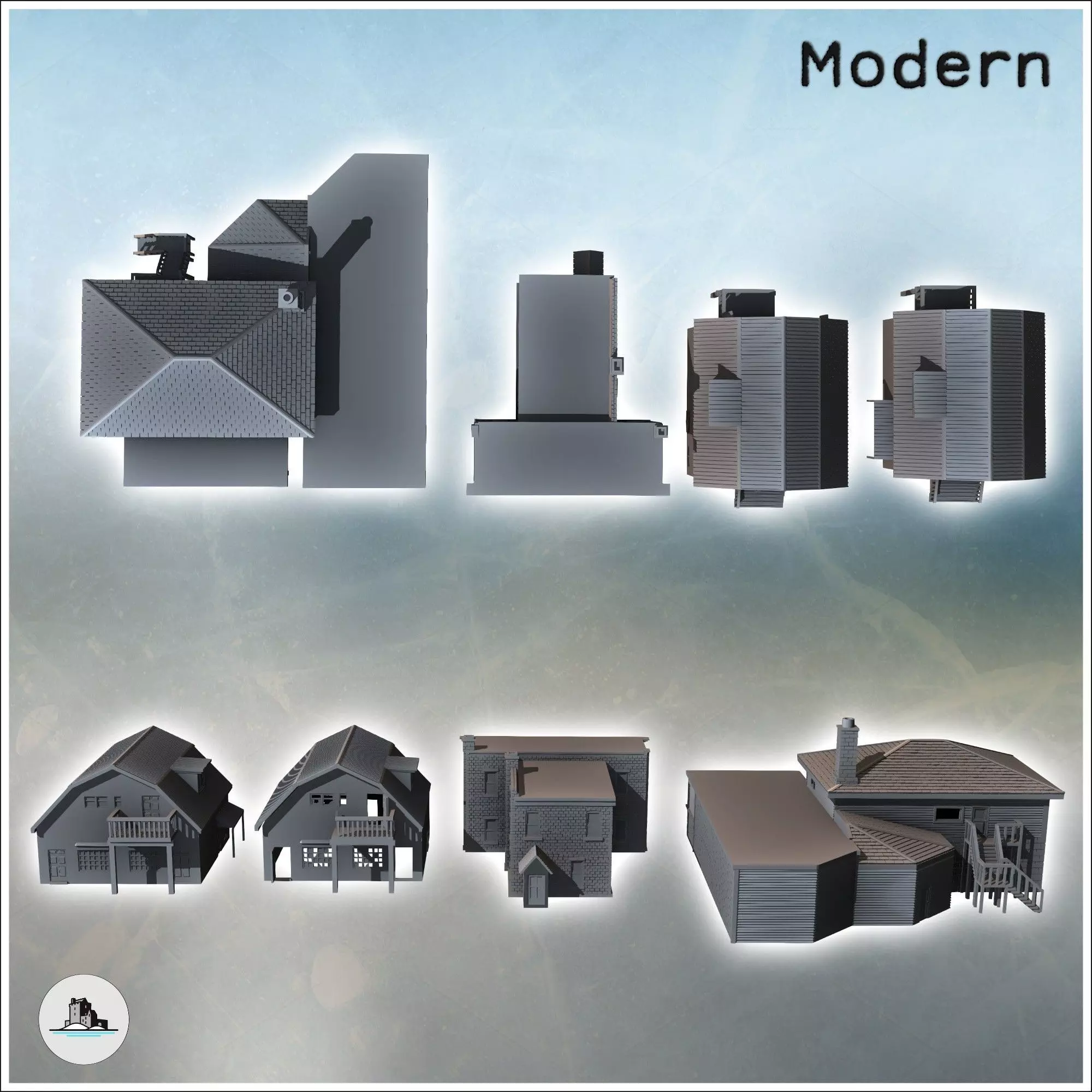Set of four modern houses with a chimney brick walls and entranc 3D print model_3
