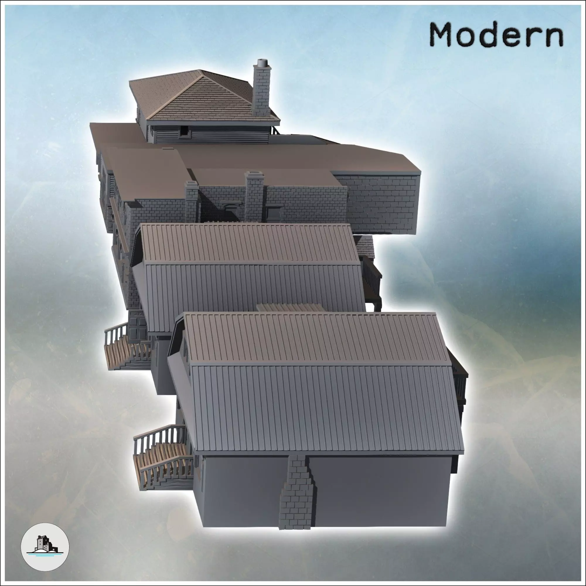 Set of four modern houses with a chimney brick walls and entranc 3D print model_4
