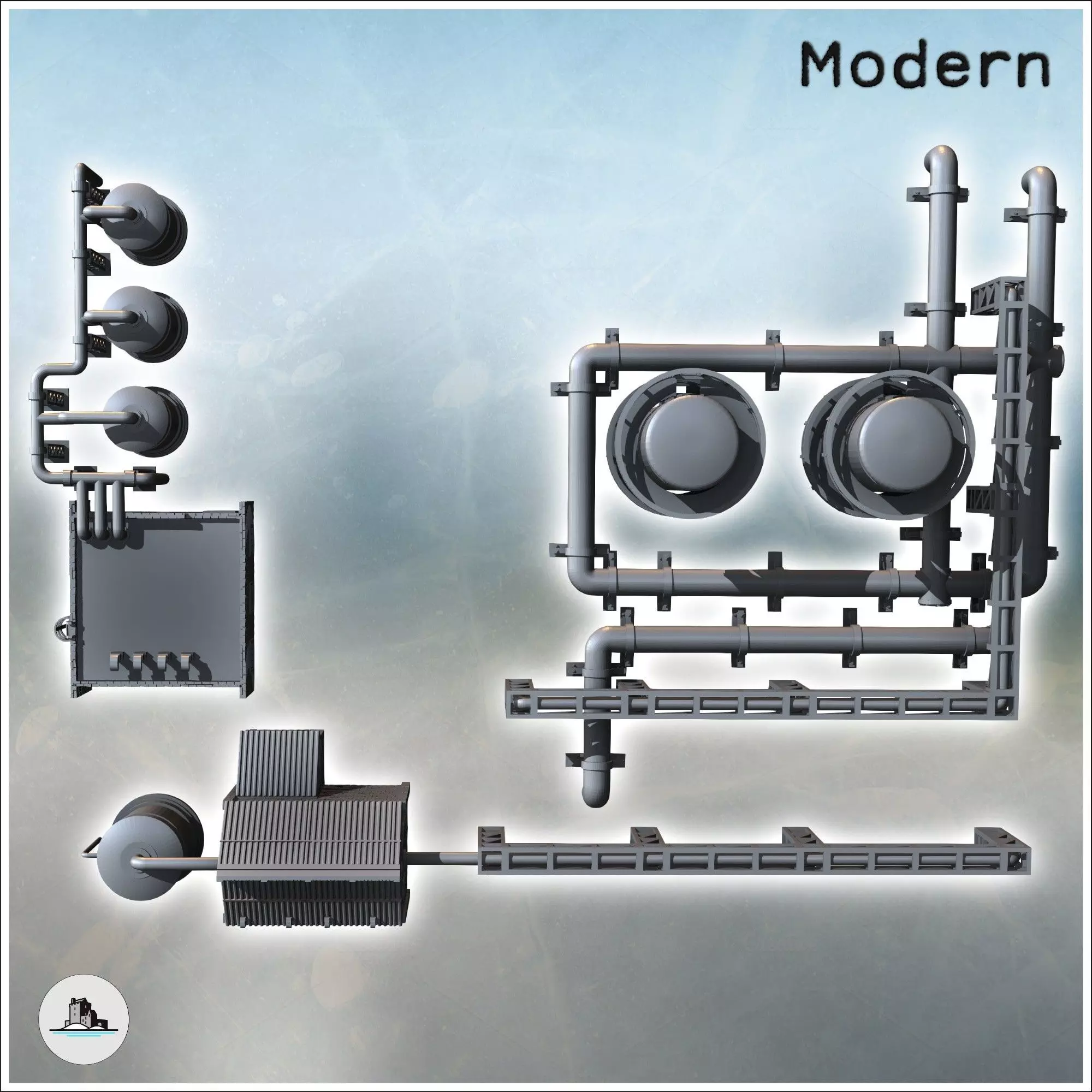 Modular industrial site set with large storage tanks pillars wit 3D print model_3