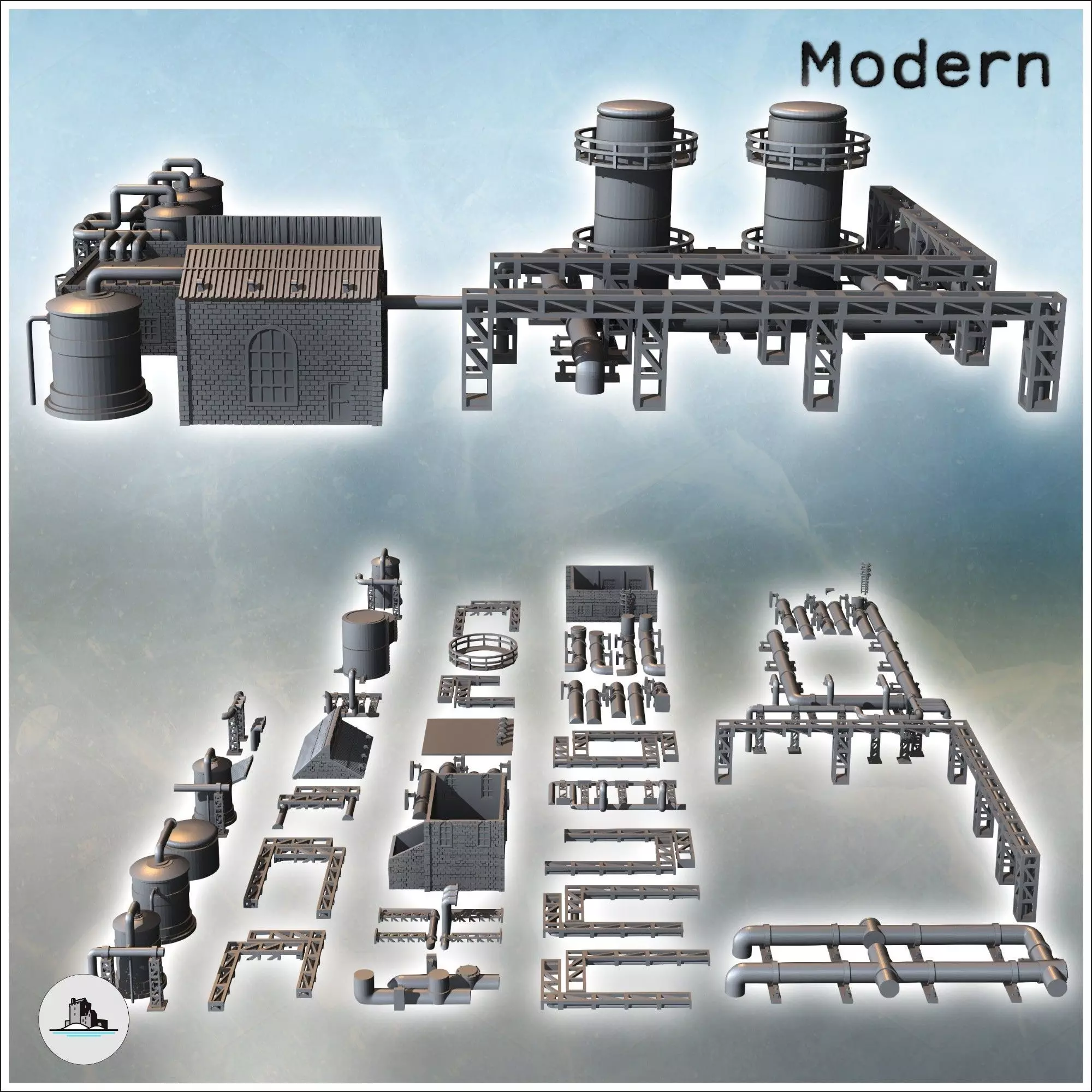 Modular industrial site set with large storage tanks pillars wit 3D print model_4