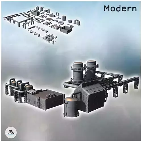 Modular industrial site set with large storage tanks pillars wit