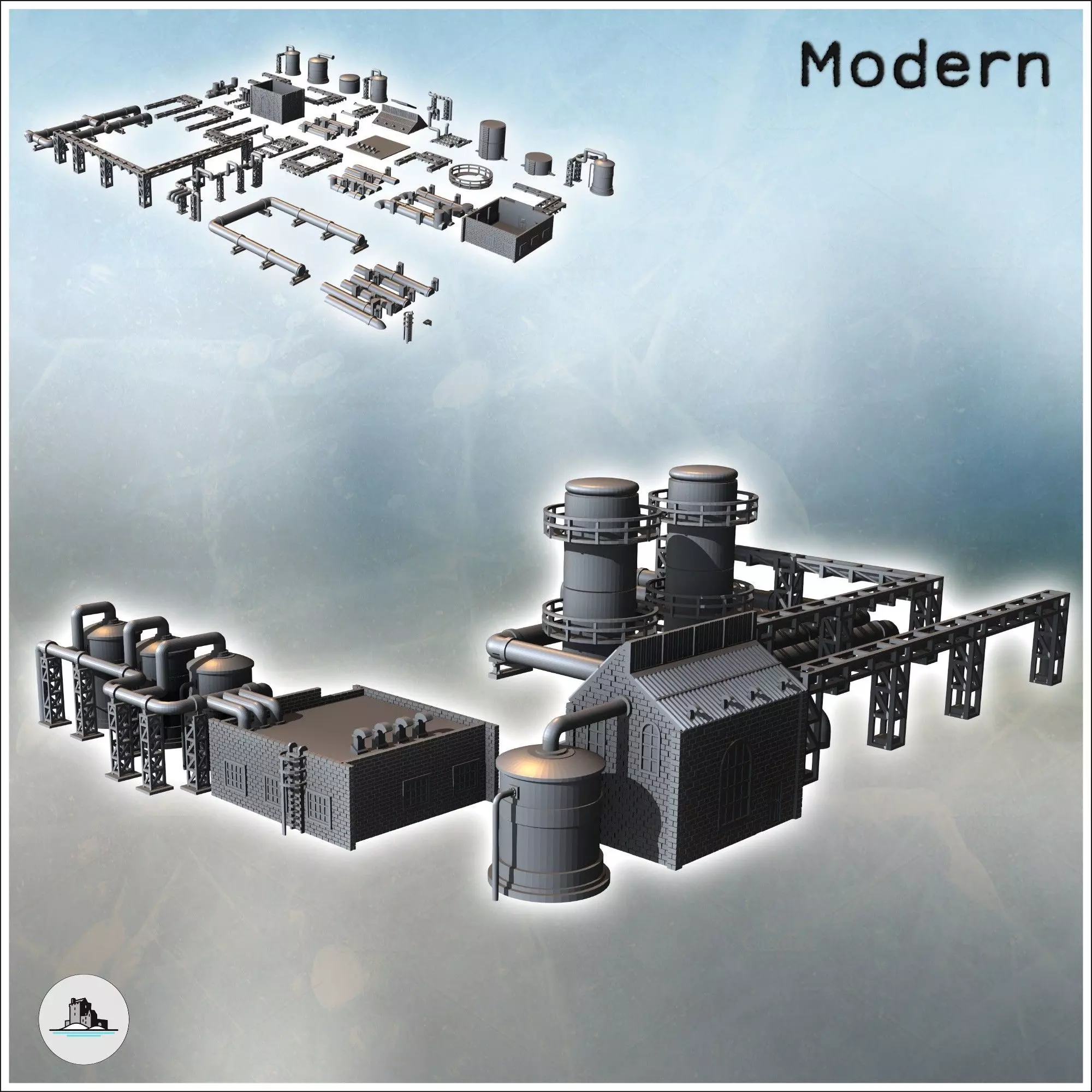 Modular industrial site set with large storage tanks pillars wit 3D print model_0