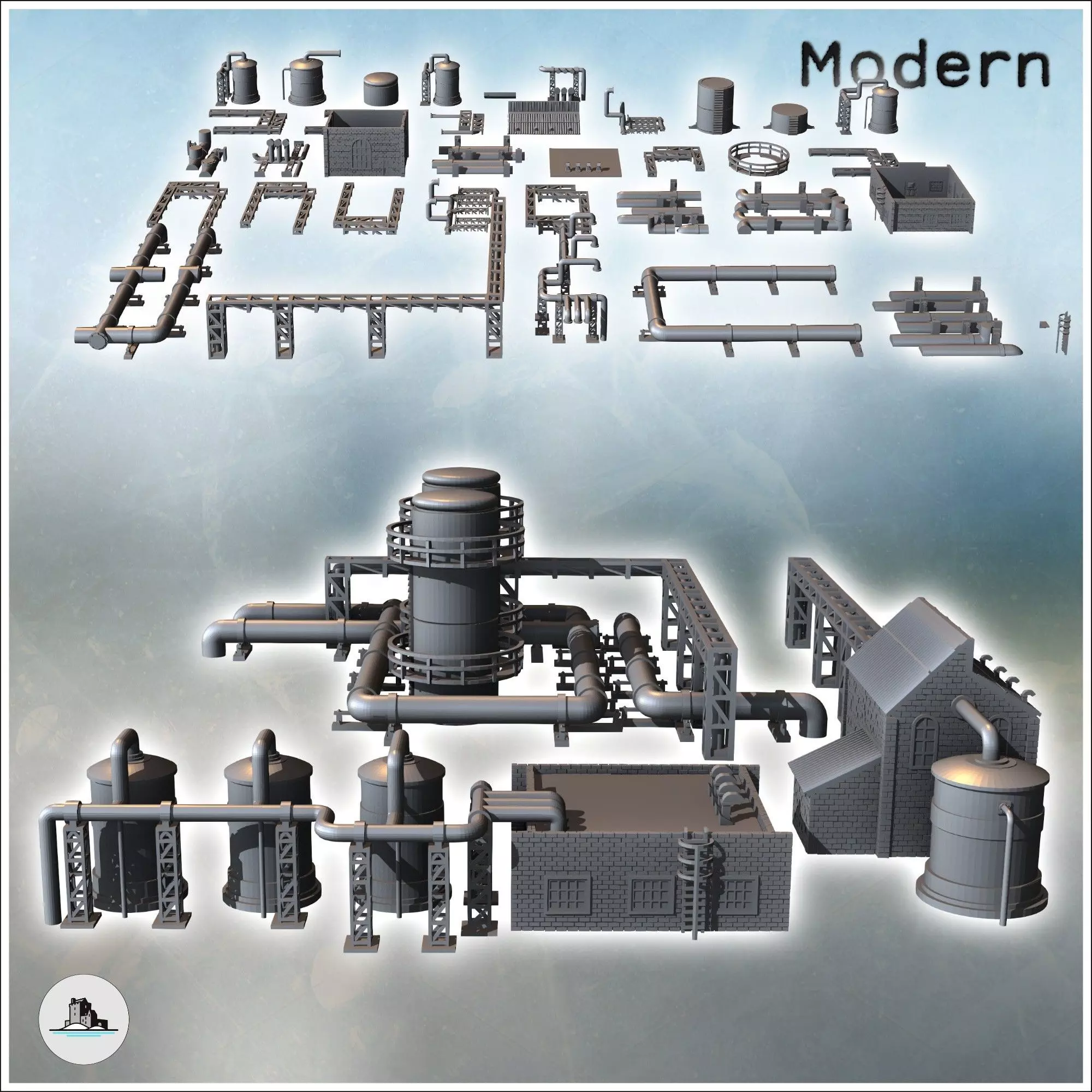 Modular industrial site set with large storage tanks pillars wit 3D print model_1