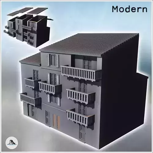 Modern single-sloped roof building with three balconied floors 1 3D print model