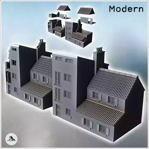 Set of two multi-roofed houses with various roof shapes intact a