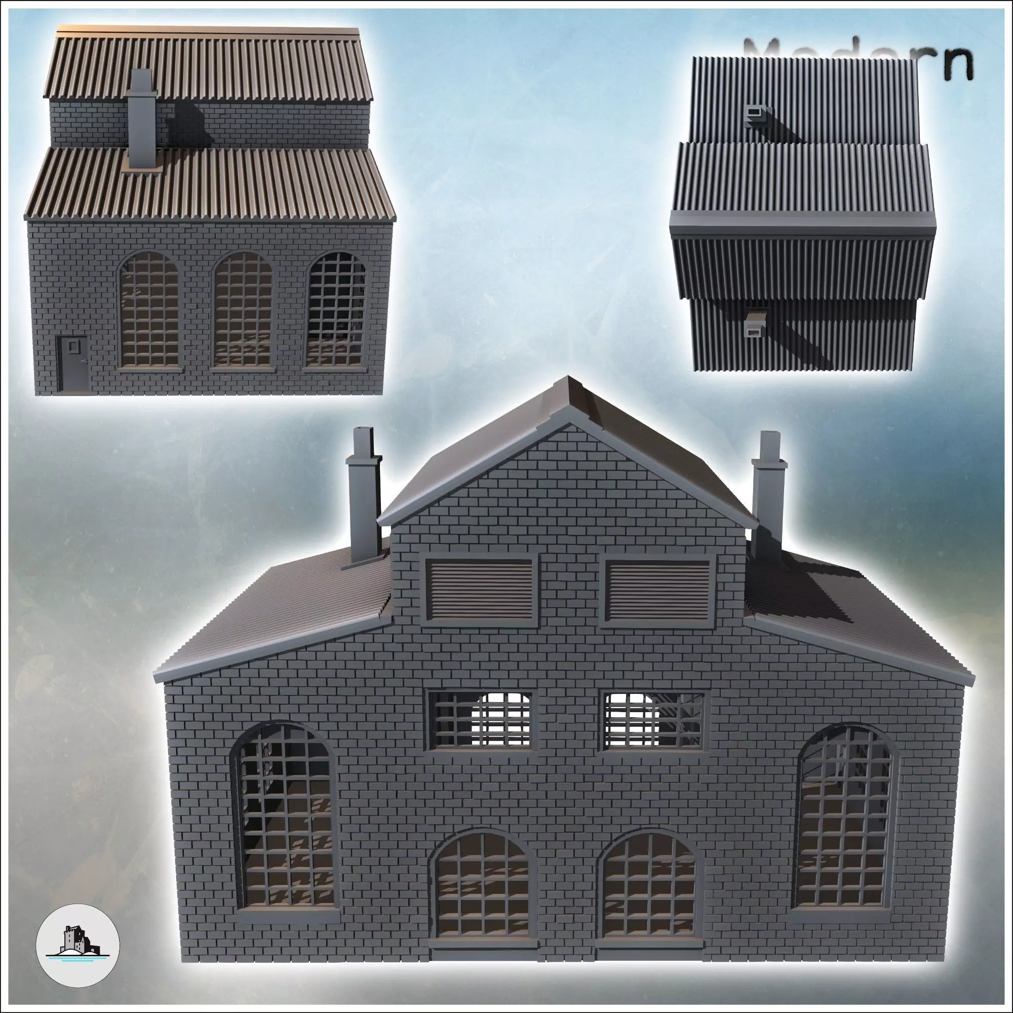 Large brick industrial warehouse with triple roofs large wooden 3D print model_4