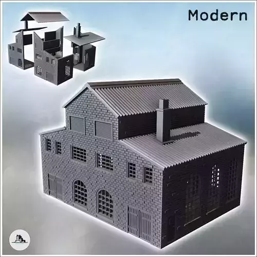 Large brick industrial warehouse with triple roofs large wooden 