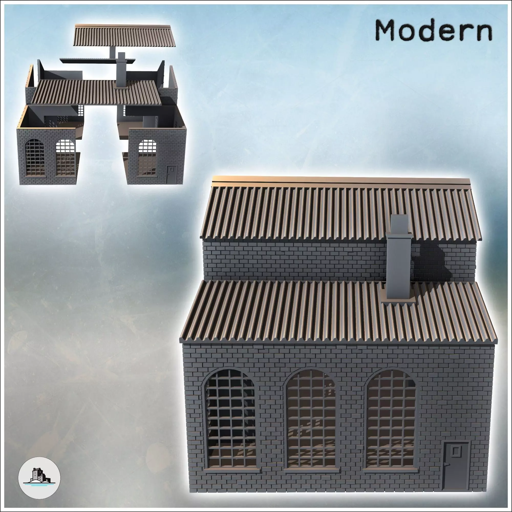 Large brick industrial warehouse with triple roofs large wooden 3D print model_3