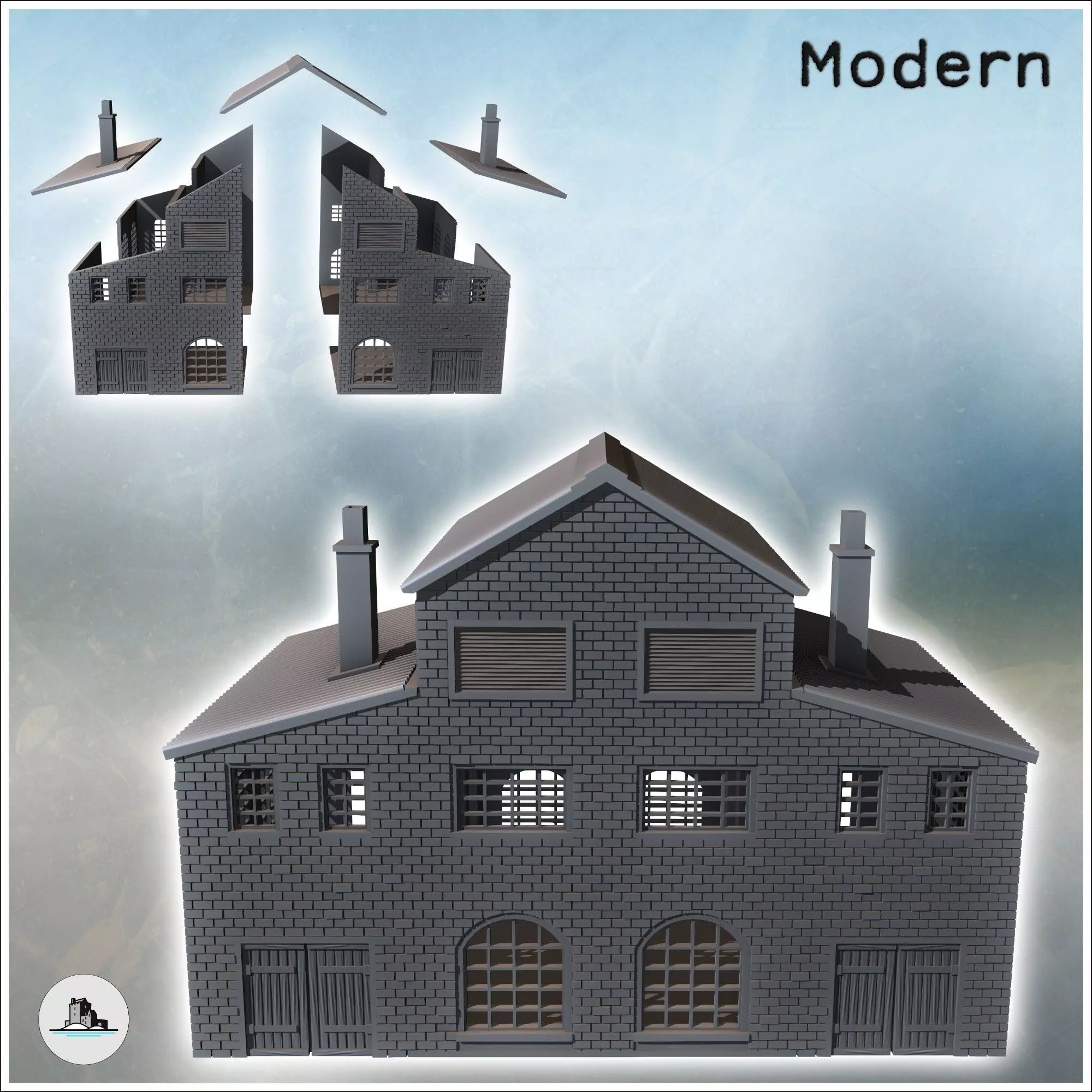 Large brick industrial warehouse with triple roofs large wooden 3D print model_2