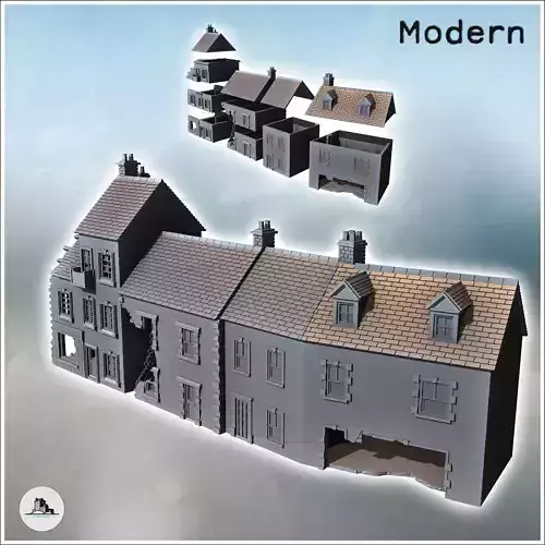 Set of four attached European ruined houses with chimneys and ro