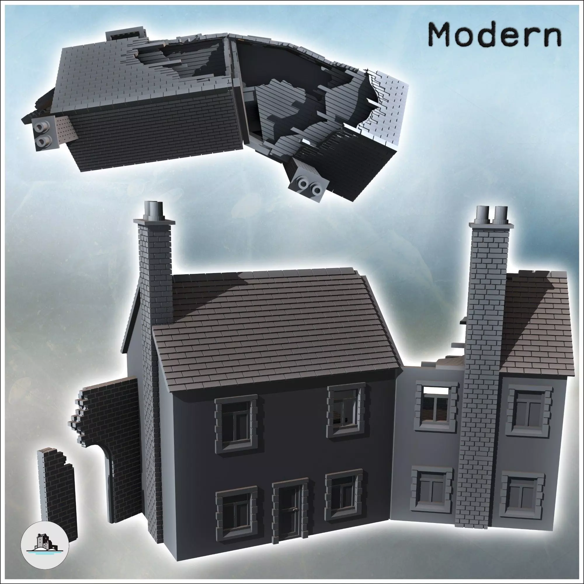 Set of two damaged buildings with visible interiors double chimn 3D print model_3