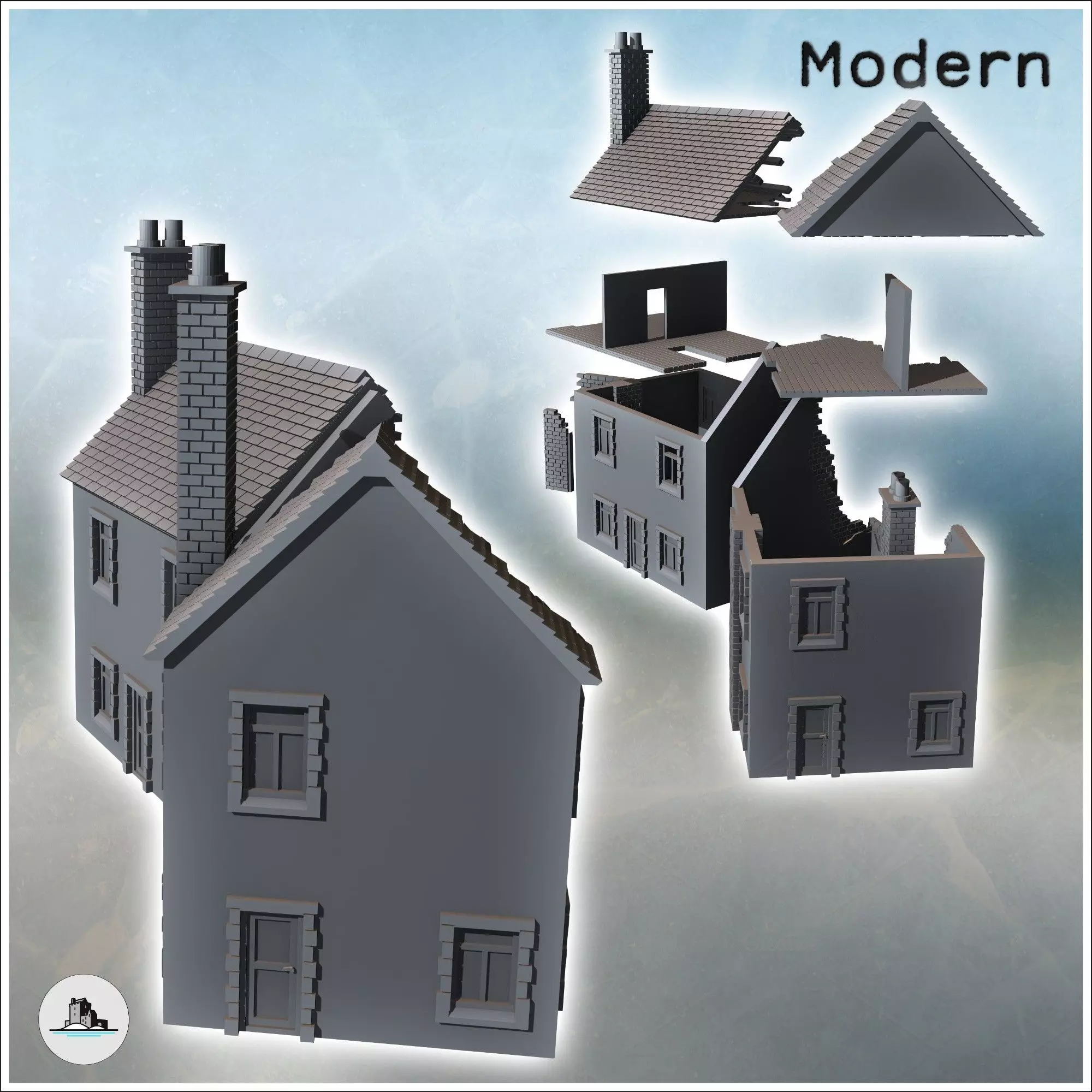Set of two damaged buildings with visible interiors double chimn 3D print model_2