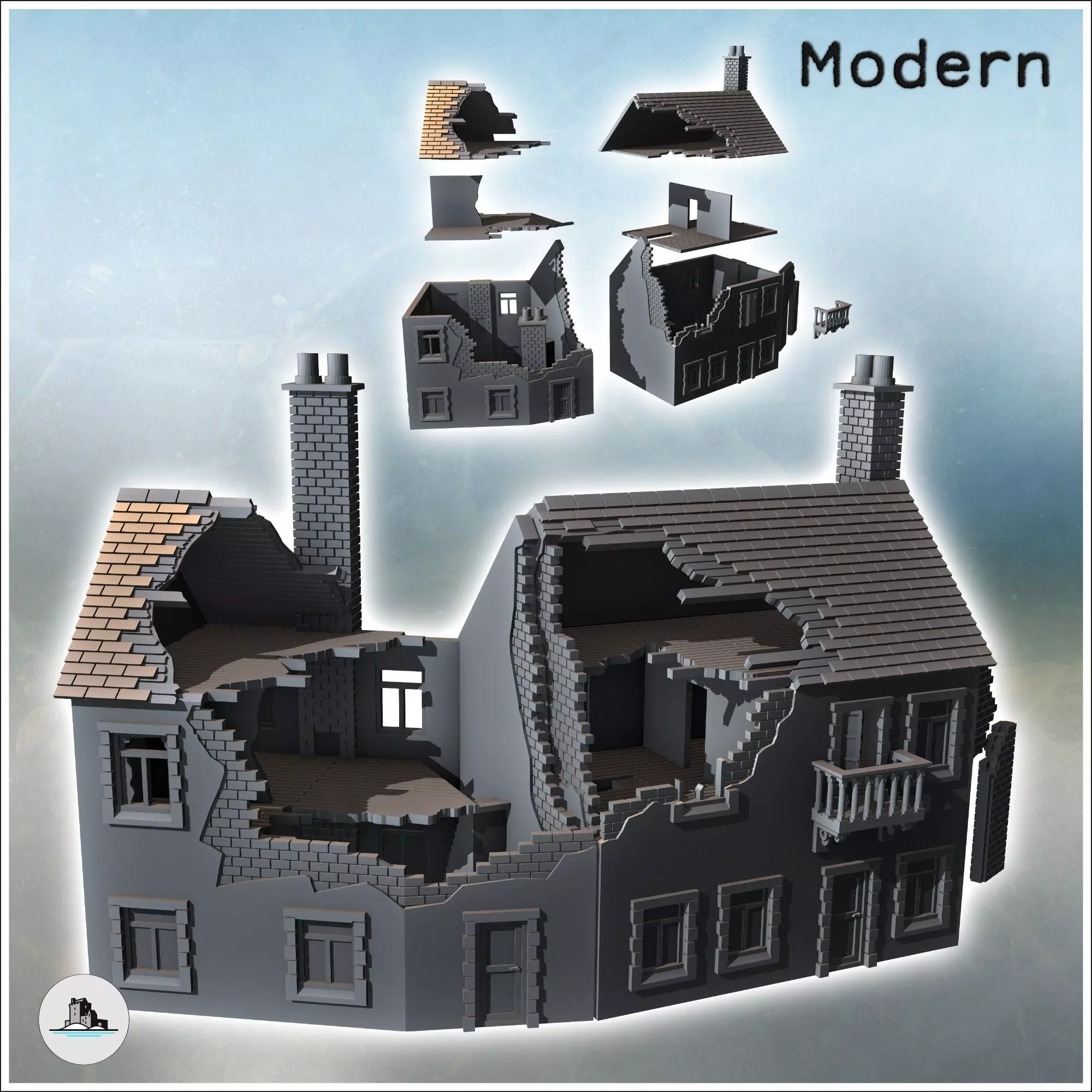 Set of two damaged buildings with visible interiors double chimn 3D print model_1