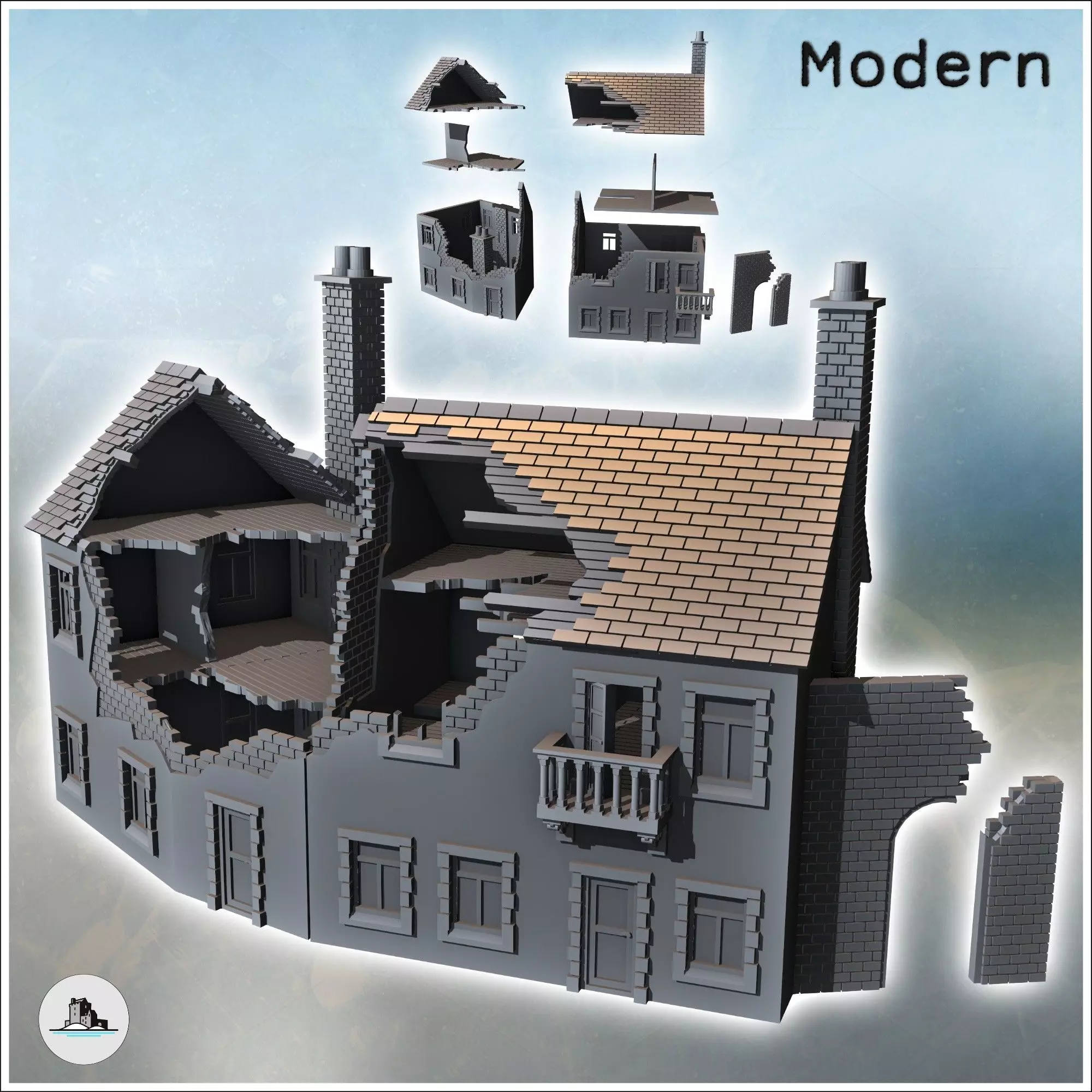 Set of two damaged buildings with visible interiors double chimn 3D print model_0