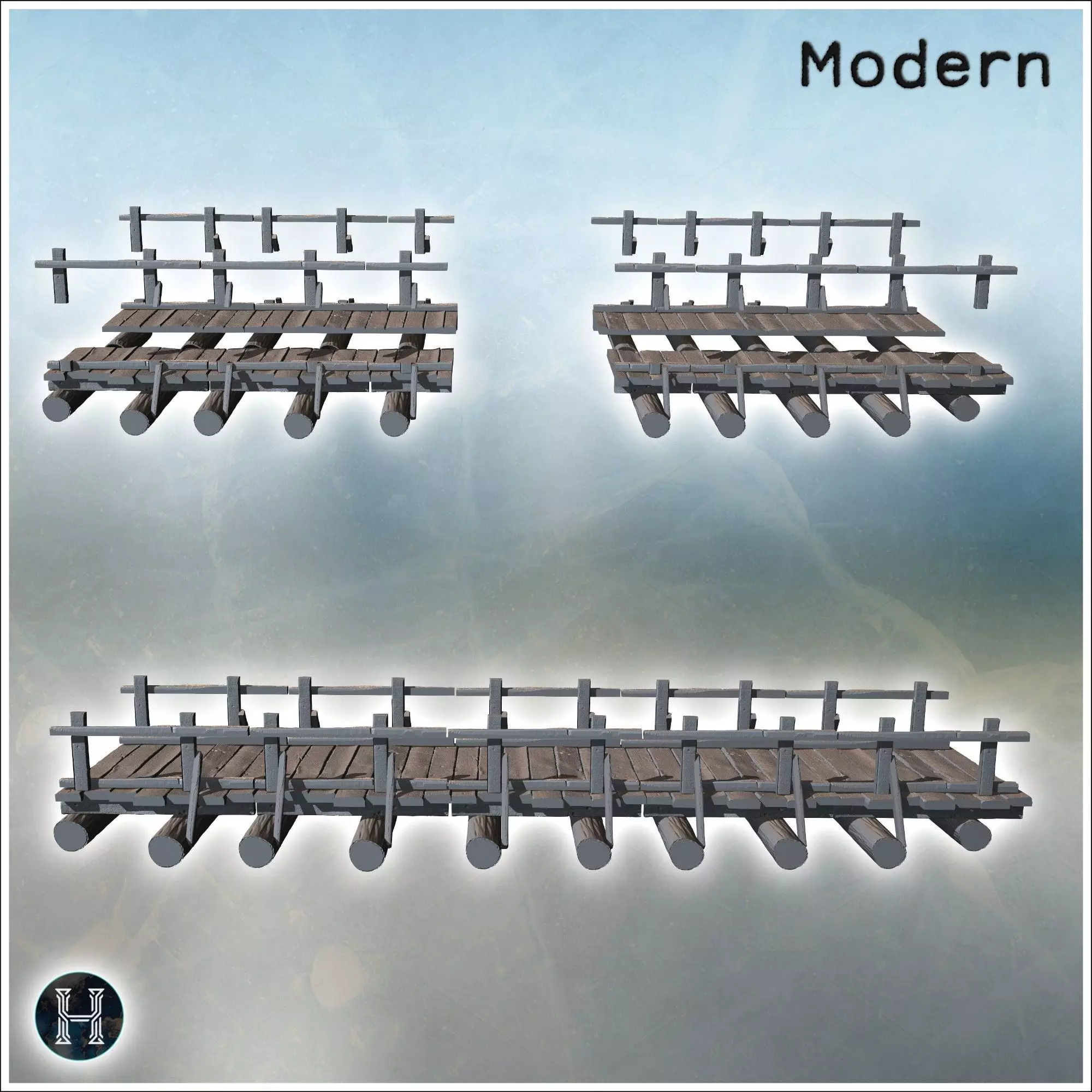 Wooden bridge with wood log as foundation supports designed for  3D print model_1