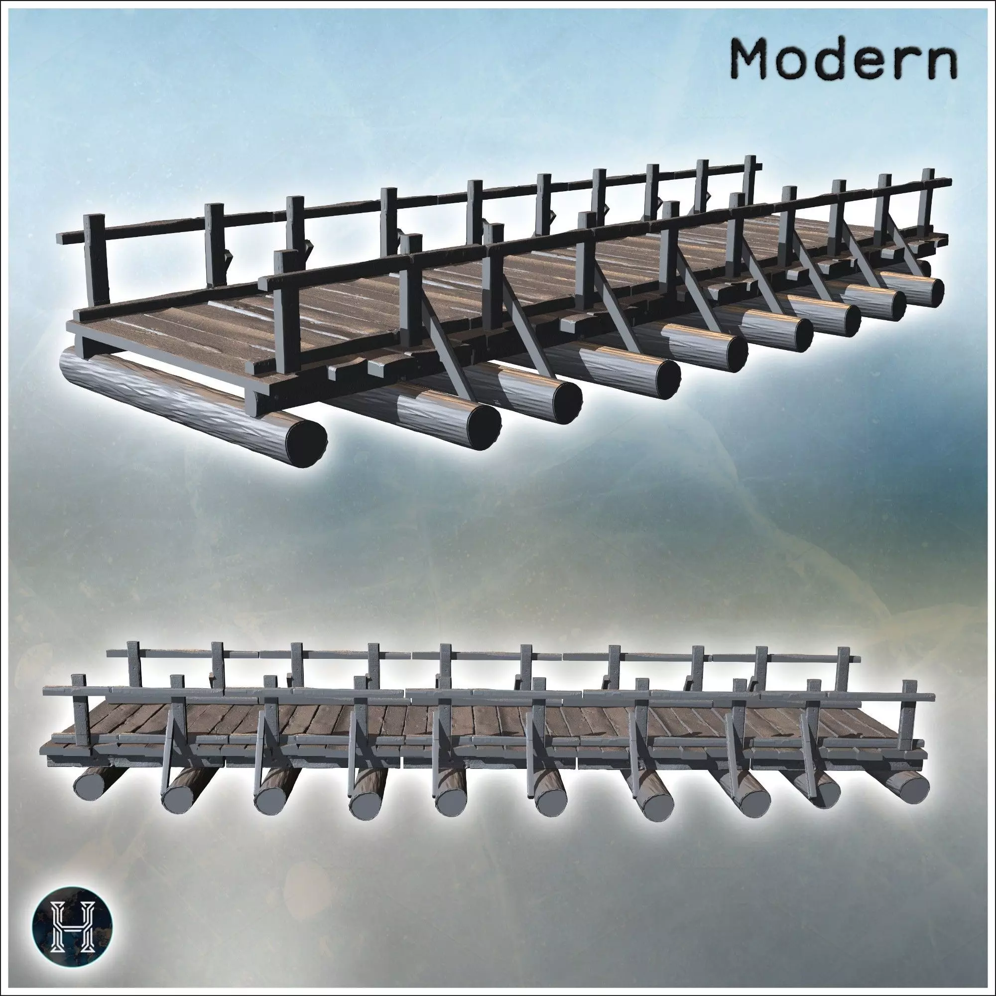 Wooden bridge with wood log as foundation supports designed for  3D print model_4