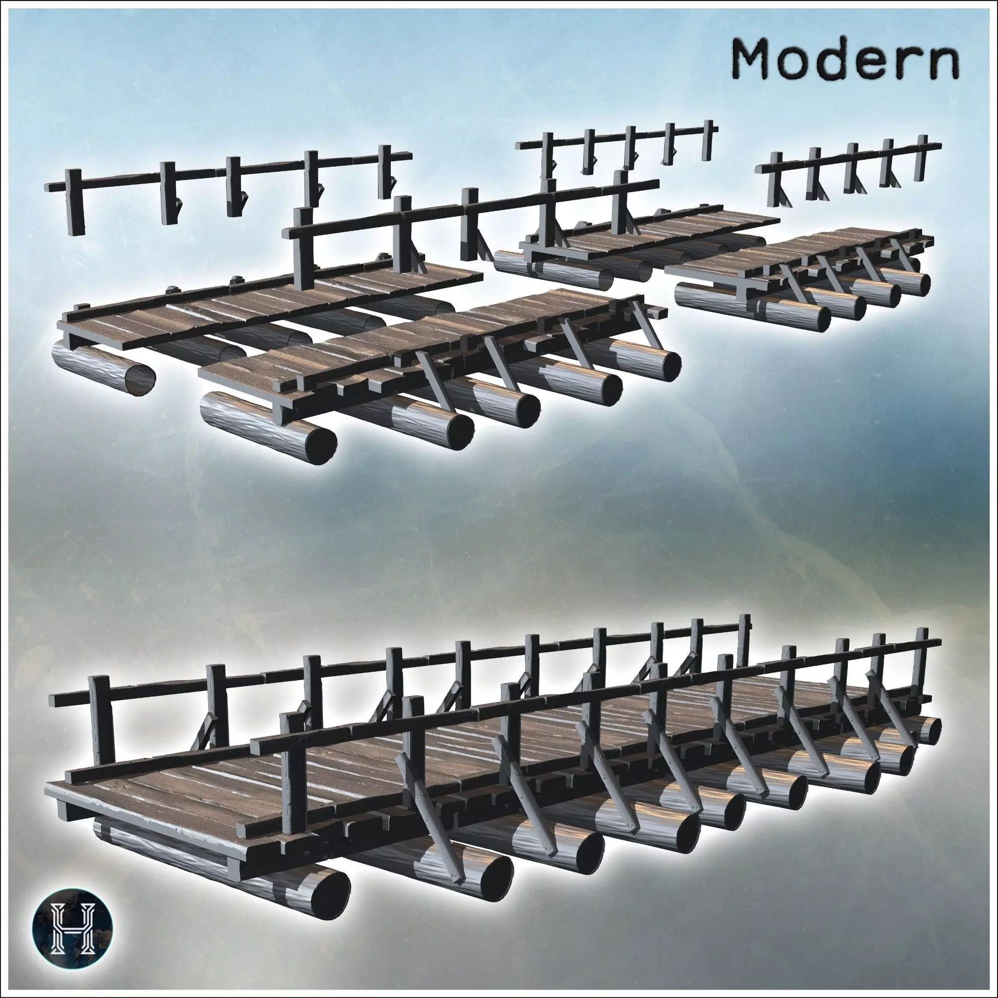 Wooden bridge with wood log as foundation supports designed for  3D print model_3