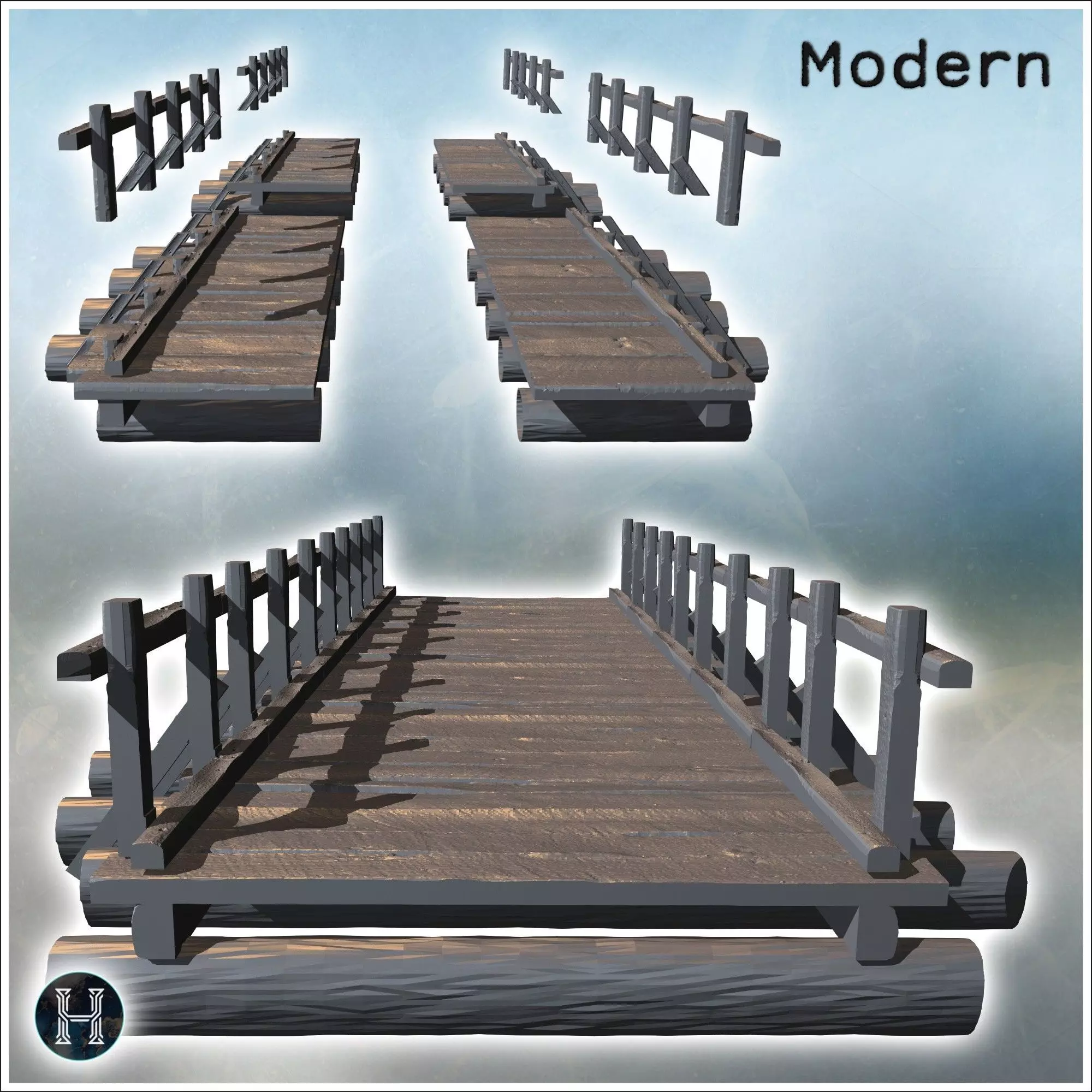 Wooden bridge with wood log as foundation supports designed for  3D print model_2