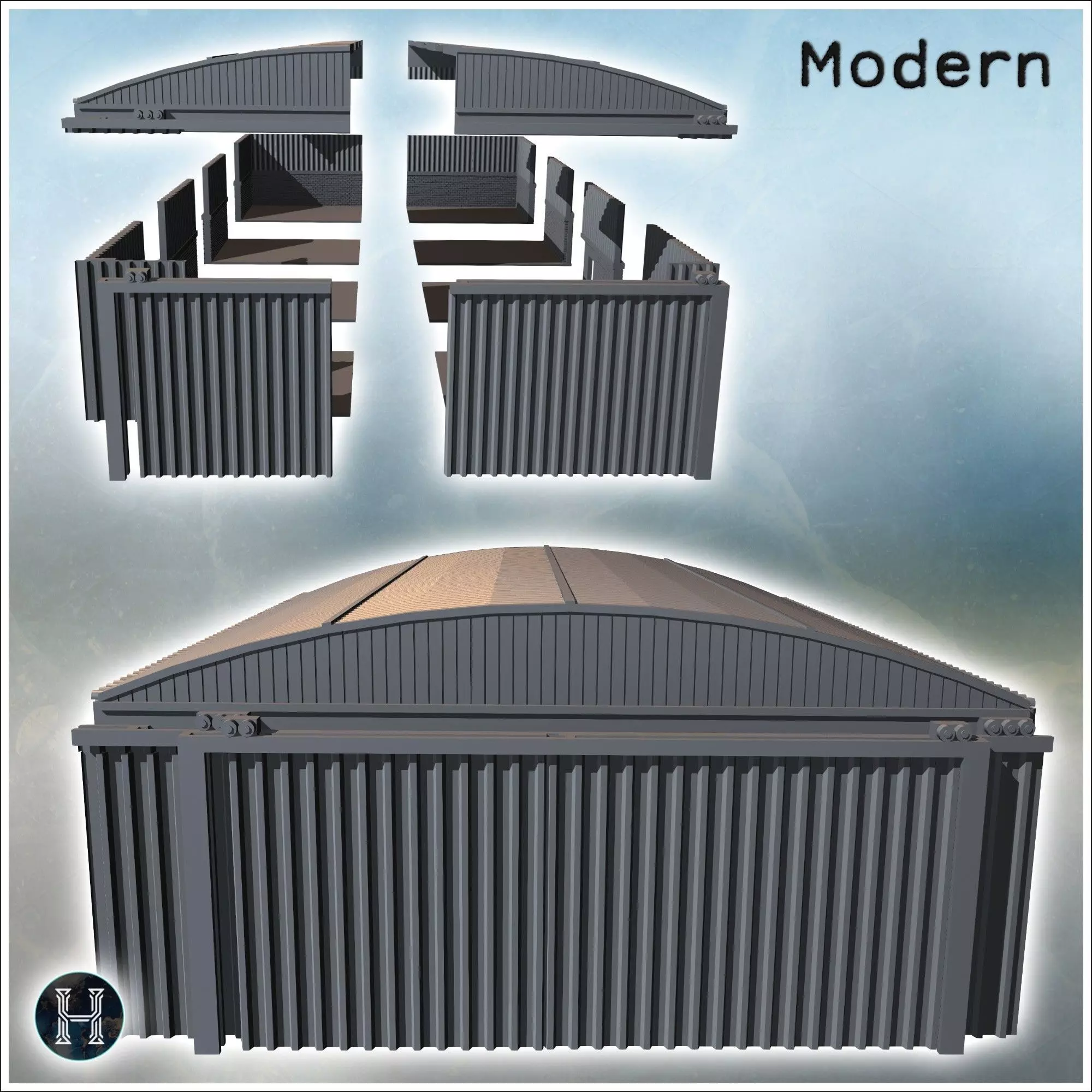 Large corrugated metal shed with sliding doors and brick base 1  3D print model_3