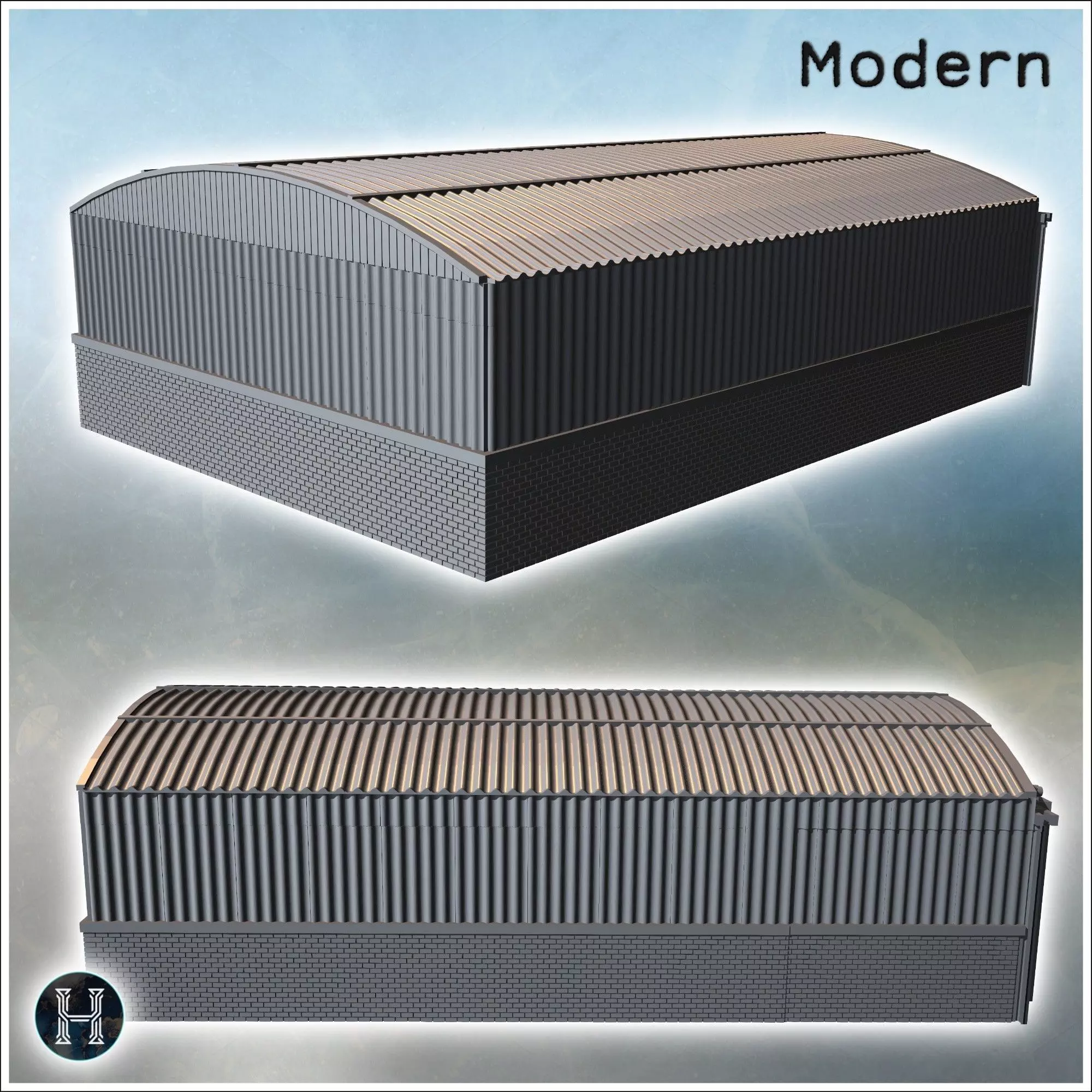 Large corrugated metal shed with sliding doors and brick base 1  3D print model_9