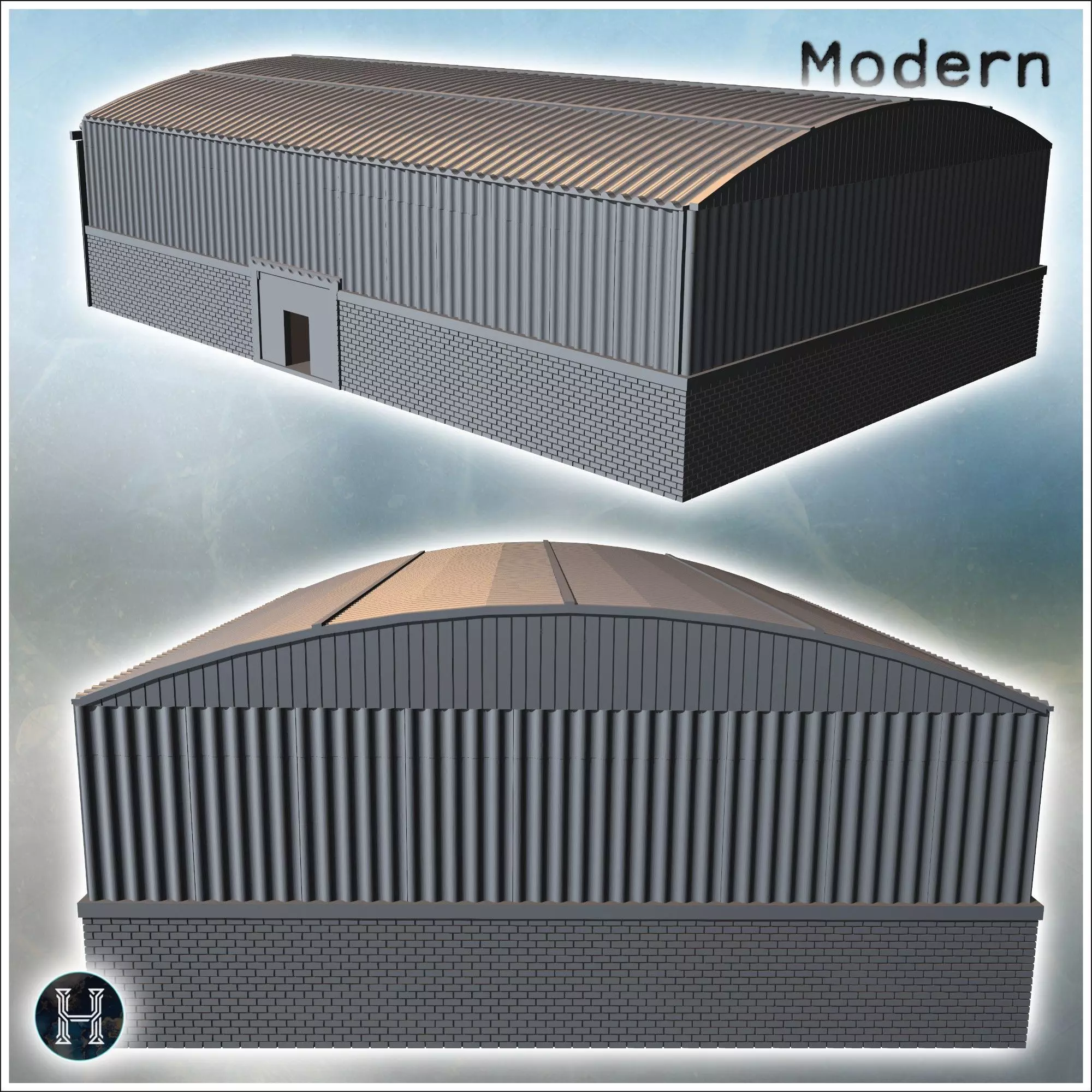 Large corrugated metal shed with sliding doors and brick base 1  3D print model_10