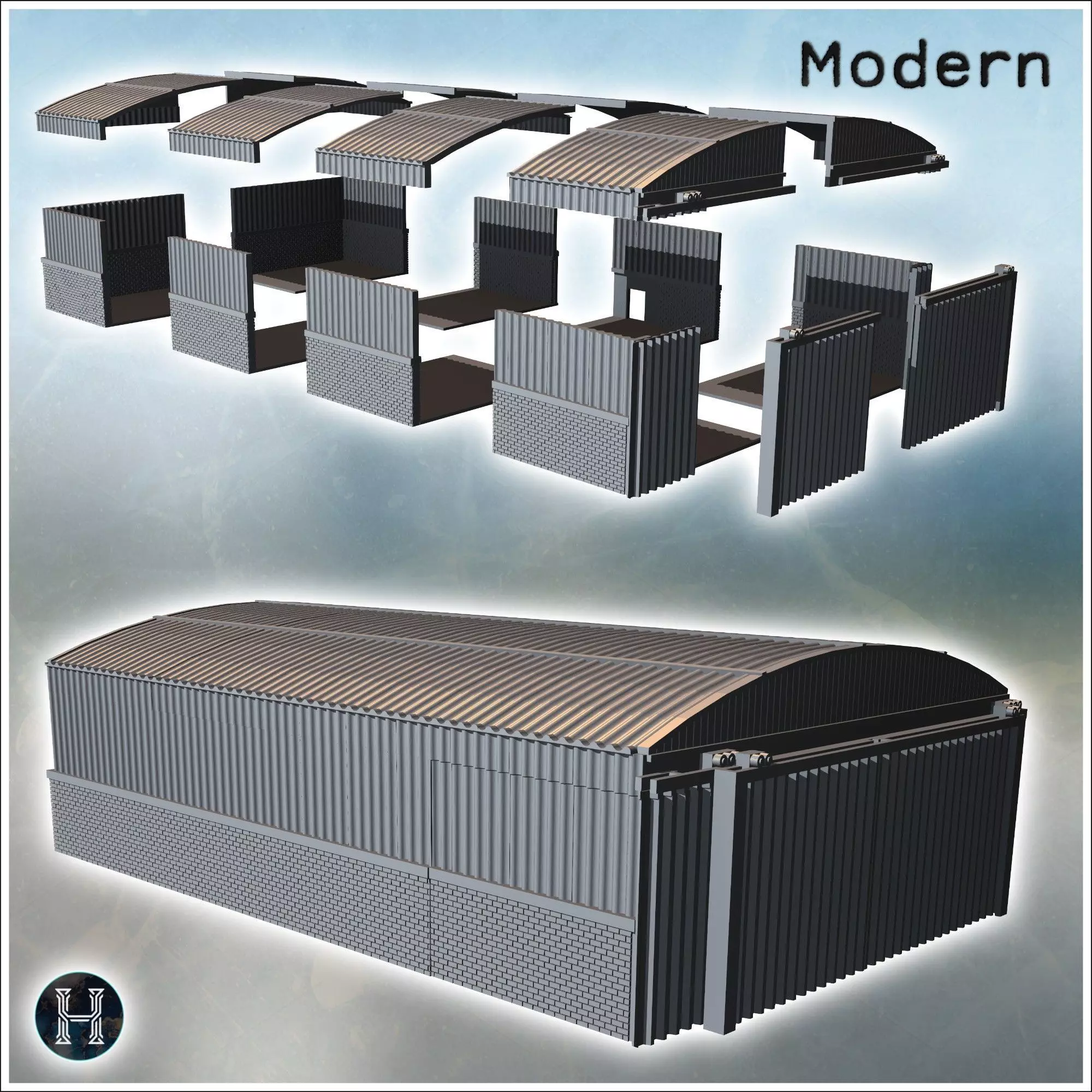 Large corrugated metal shed with sliding doors and brick base 1  3D print model_4