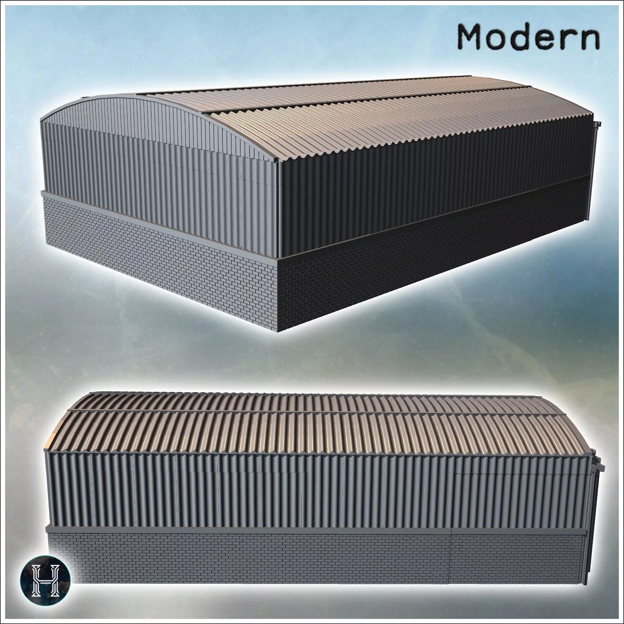 Large corrugated metal shed with sliding doors and brick base 1  3D print model_8